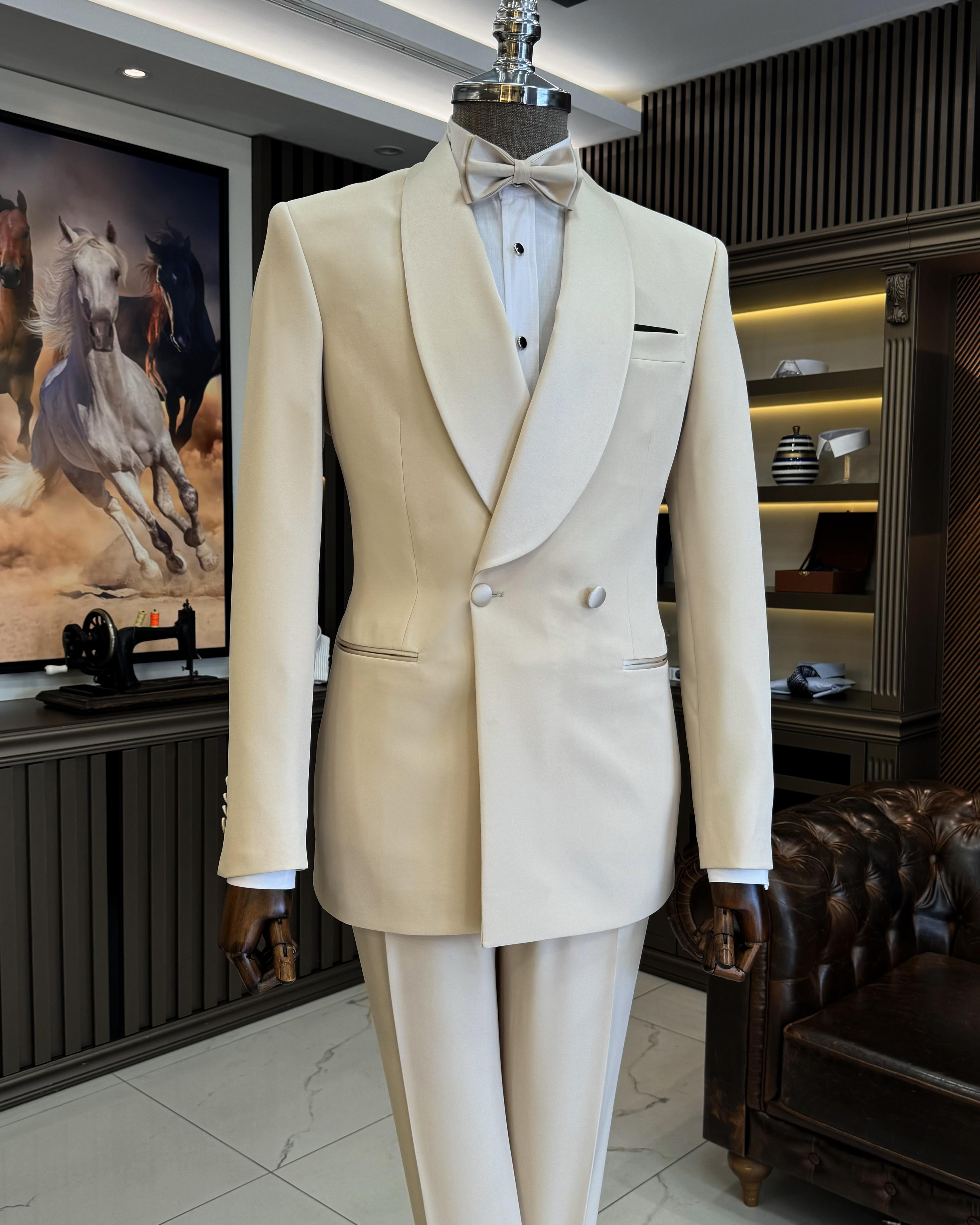 İtalyan kesim slim fit şal yaka kruvaze ceket pantolon damatlık set bej T11950