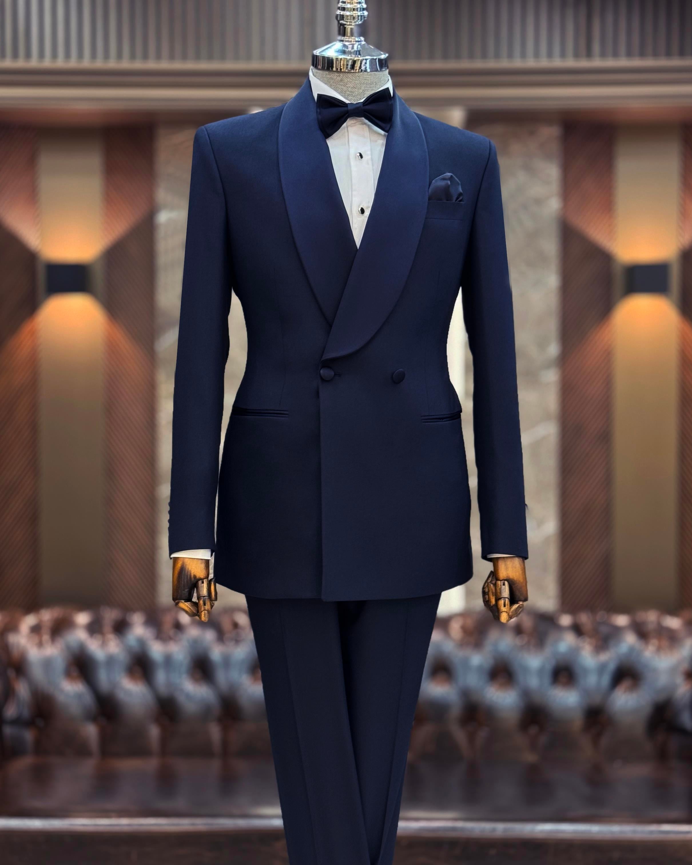 İtalyan kesim slim fit şal yaka kruvaze ceket pantolon damatlık set lacivert T11951