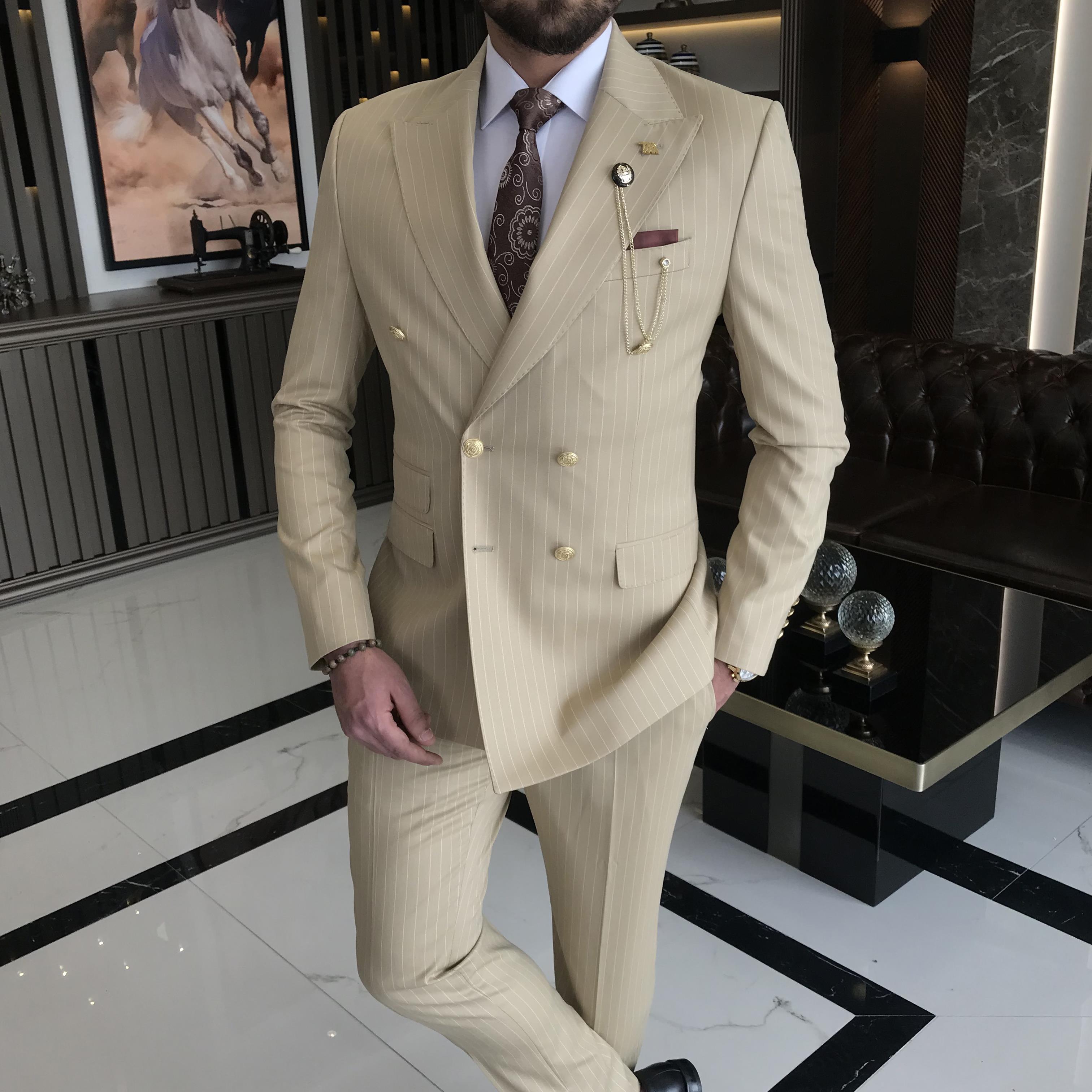 İtalyan stil 8 drop çizgili kruvaze ceket pantolon takım elbise camel T10710