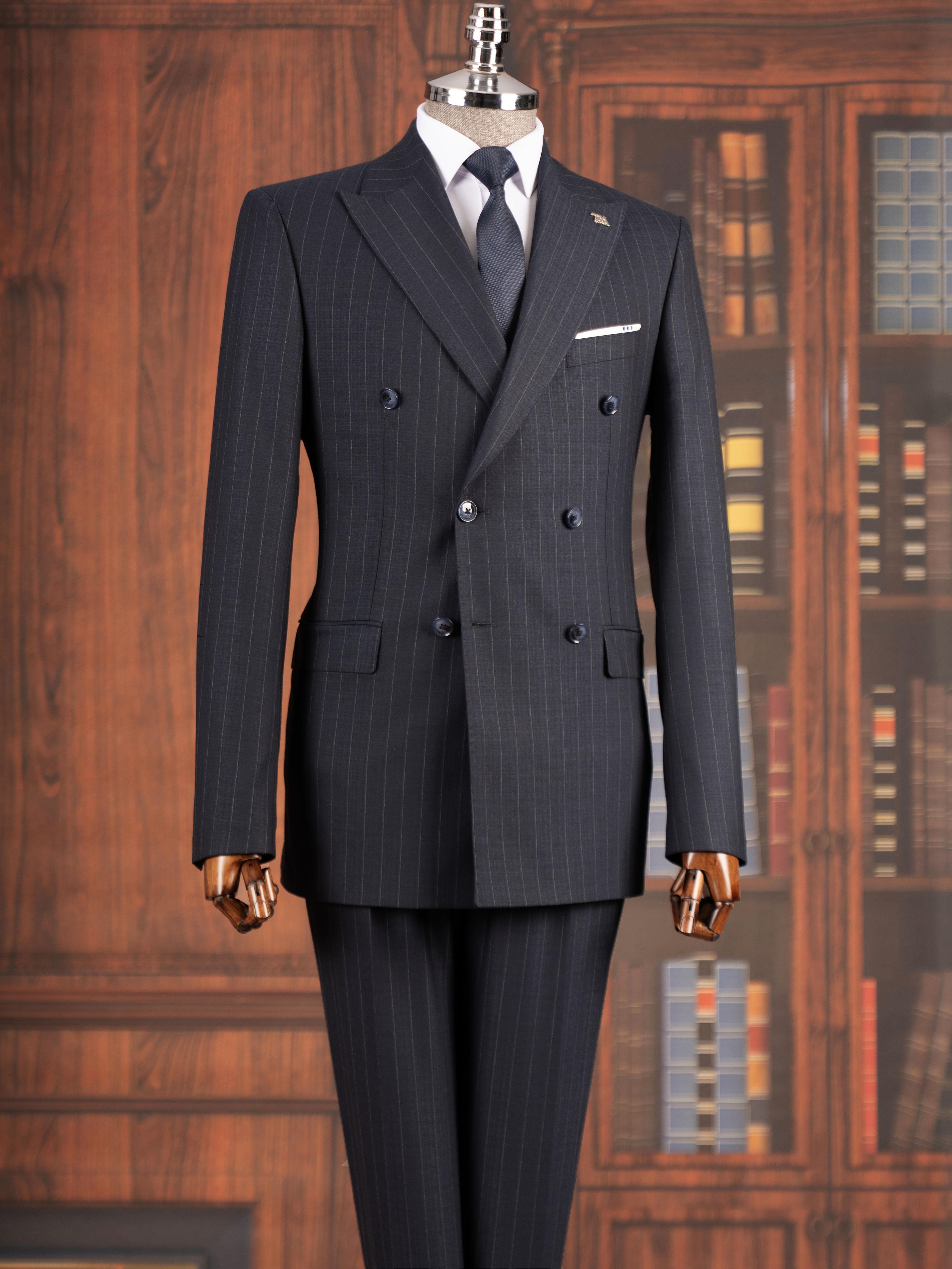 İtalyan stil 8 drop kruvaze çizgili ceket pantolon takım elbise lacivert T14596
