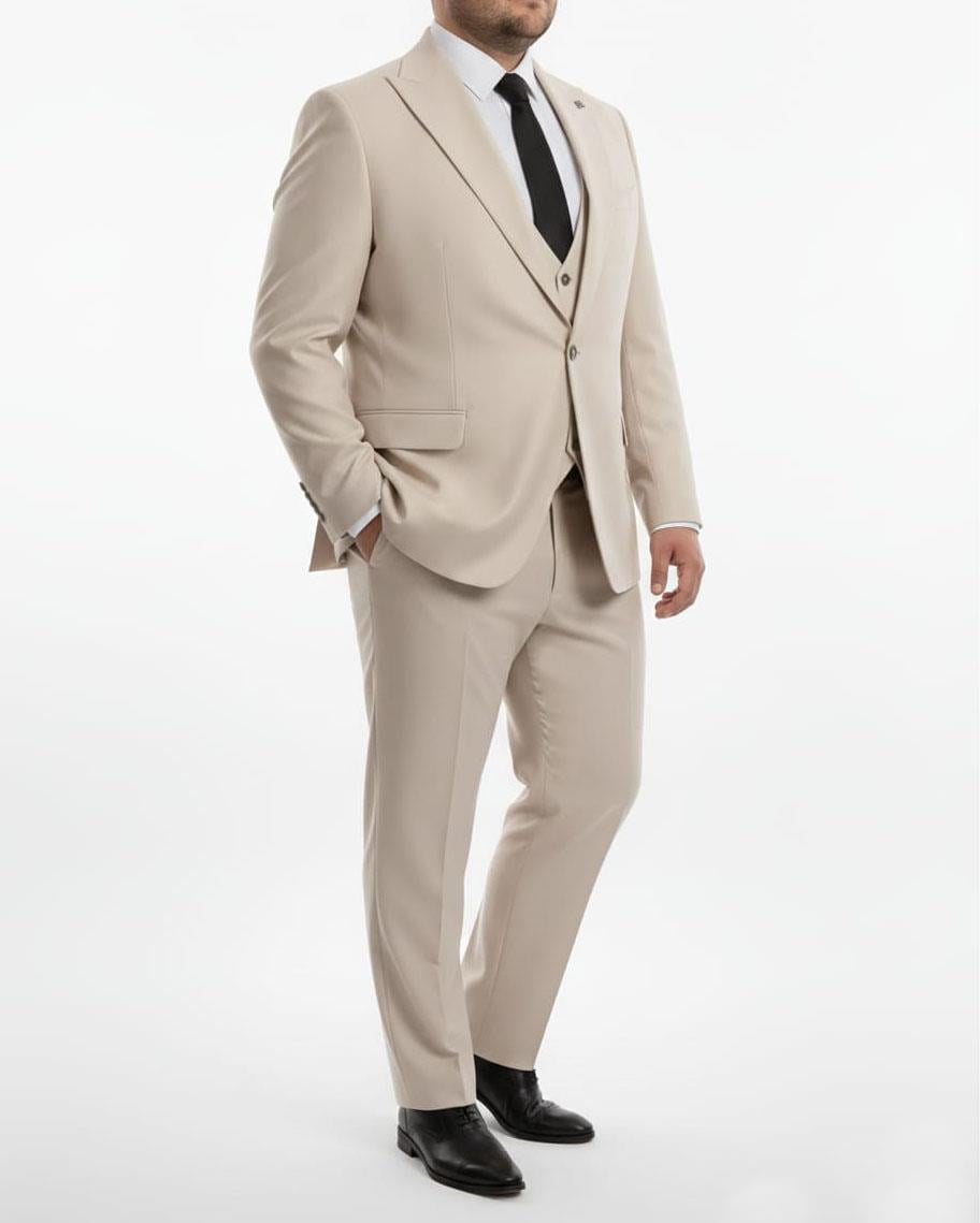 İtalyan stil battal ceket yelek pantolon takım elbise bej T12155