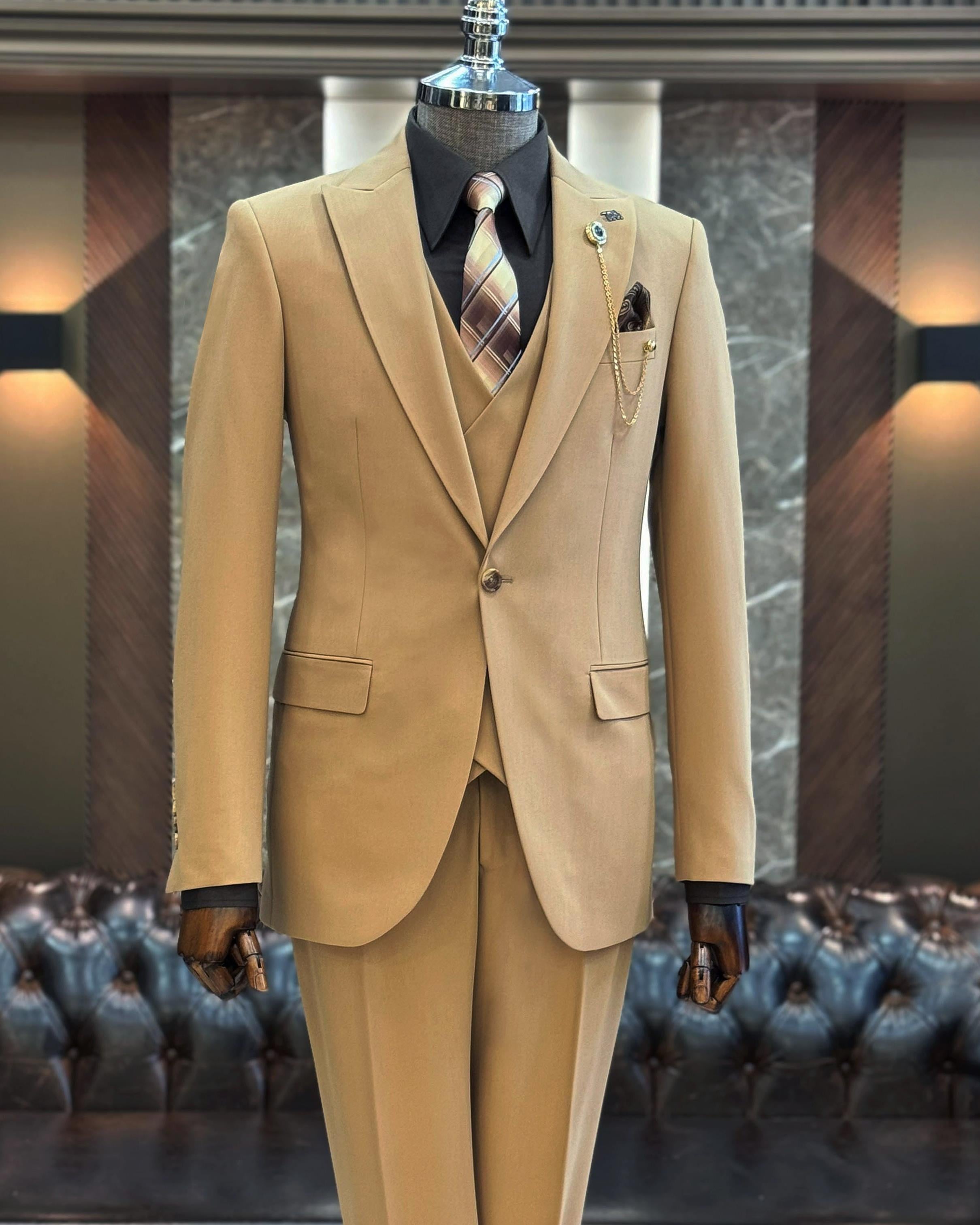 İtalyan stil ceket yelek pantolon takım elbise vizon T12006