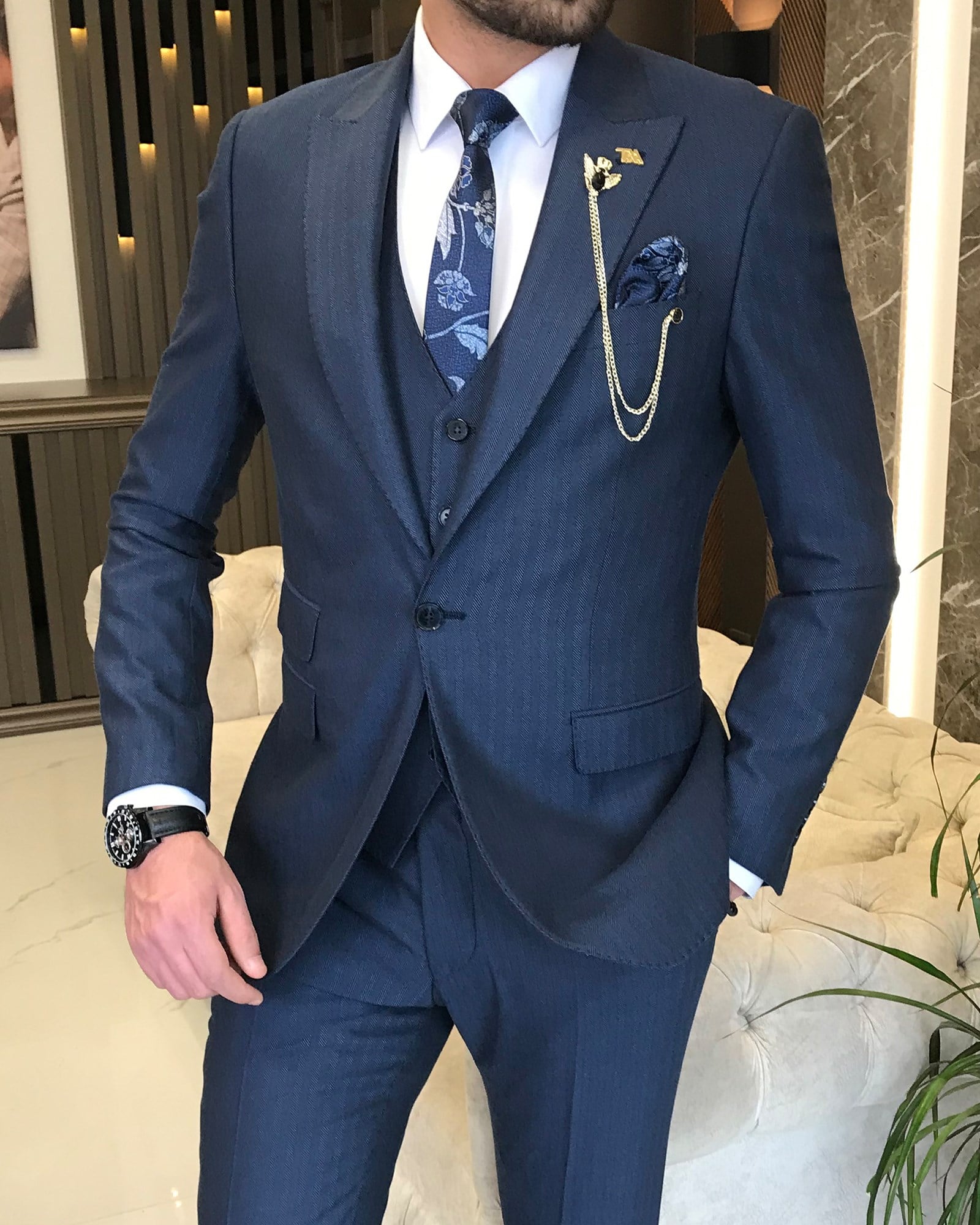 İtalyan stil  ceket yelek pantolon takım elbise Saks T8622