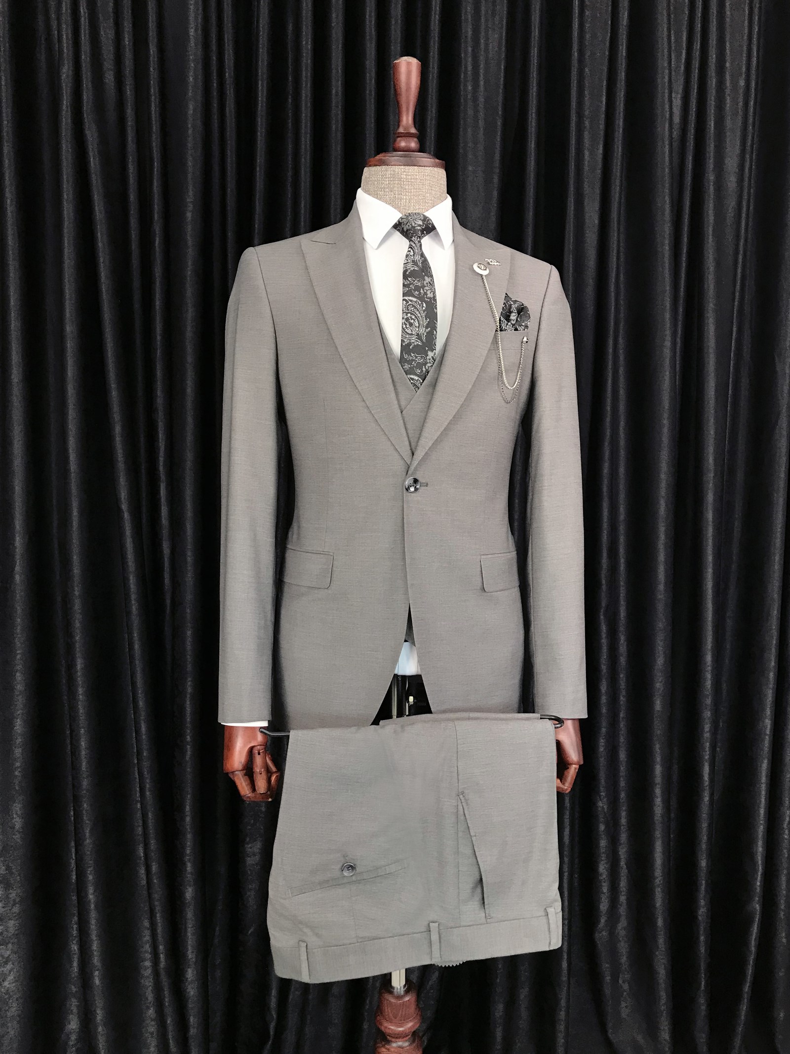 İtalyan stil ceket yelek pantolon takım elbise Gri T8613