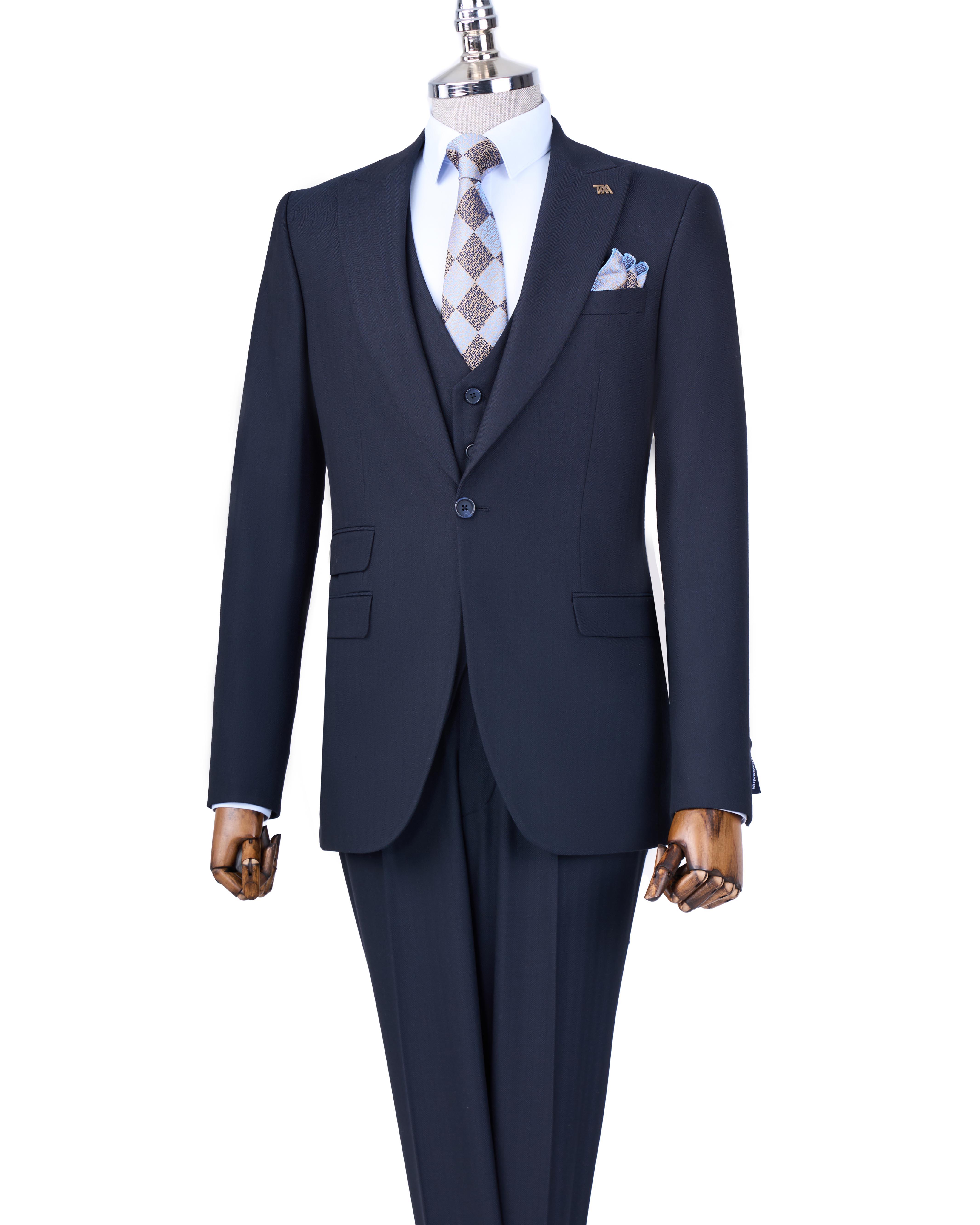 İtalyan stil  ceket yelek pantolon takım elbise Lacivert T8621