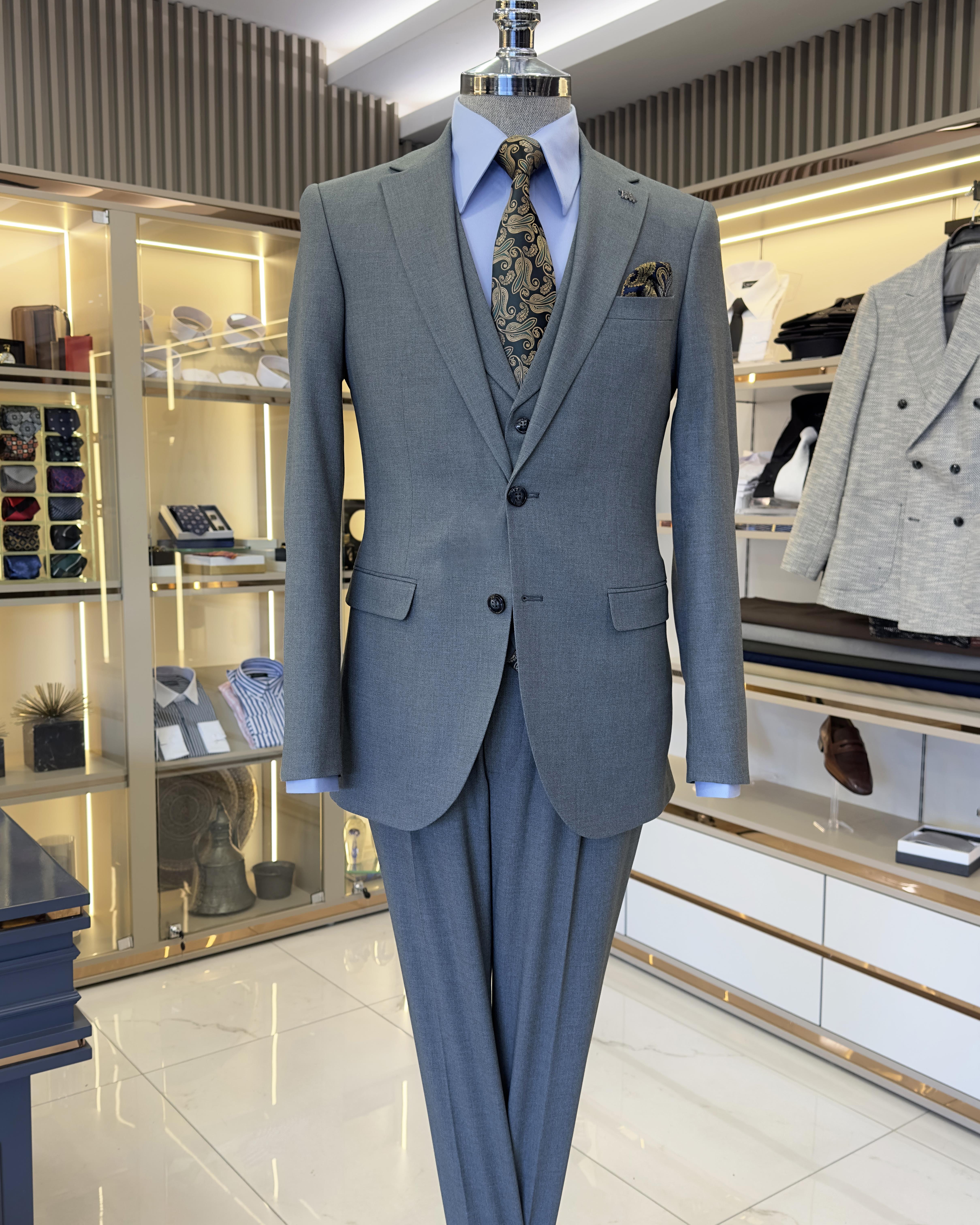 İtalyan stil ceket yelek pileli pantolon takım elbise gri T11297