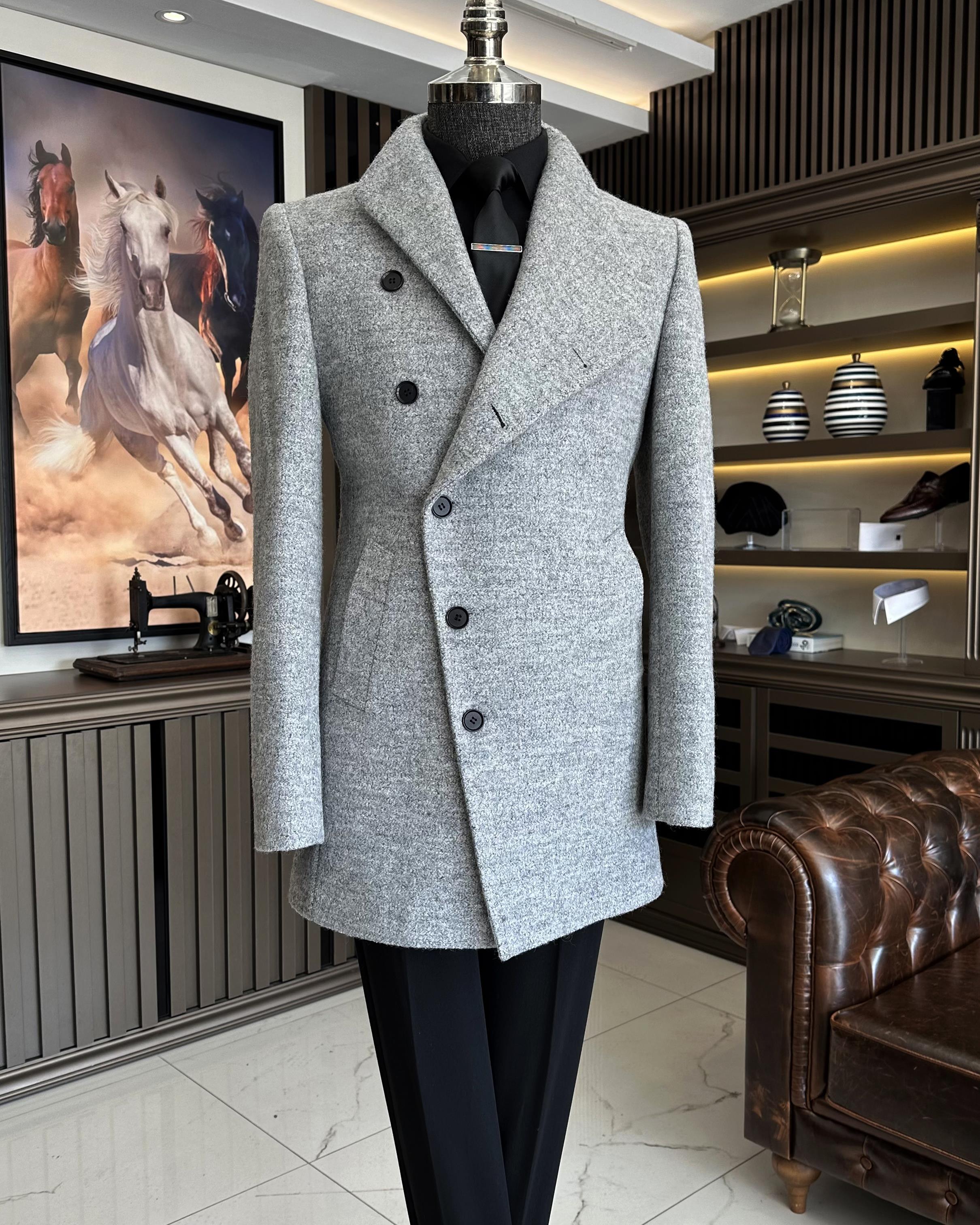 İtalyan stil erkek hakim yaka yün kaban Gri T8090