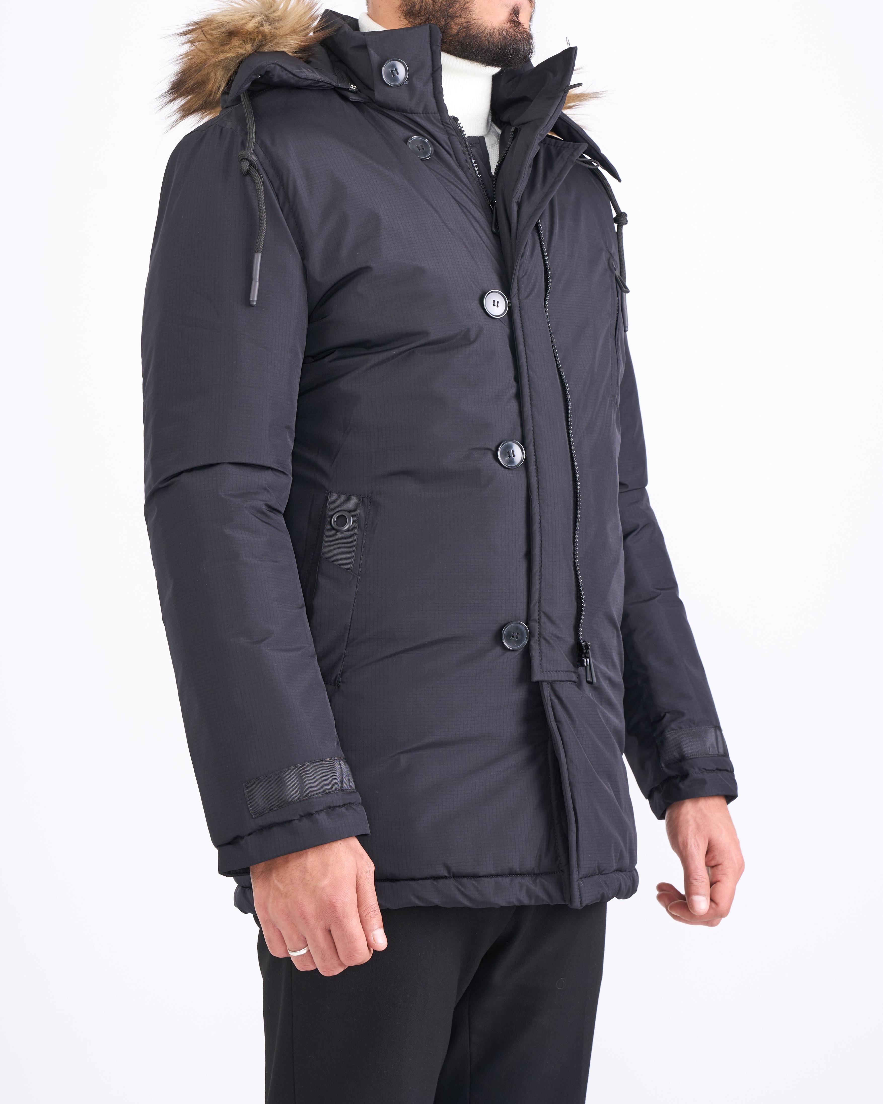 İtalyan stil erkek kapüşonlü kürk detaylı mont Siyah T8697