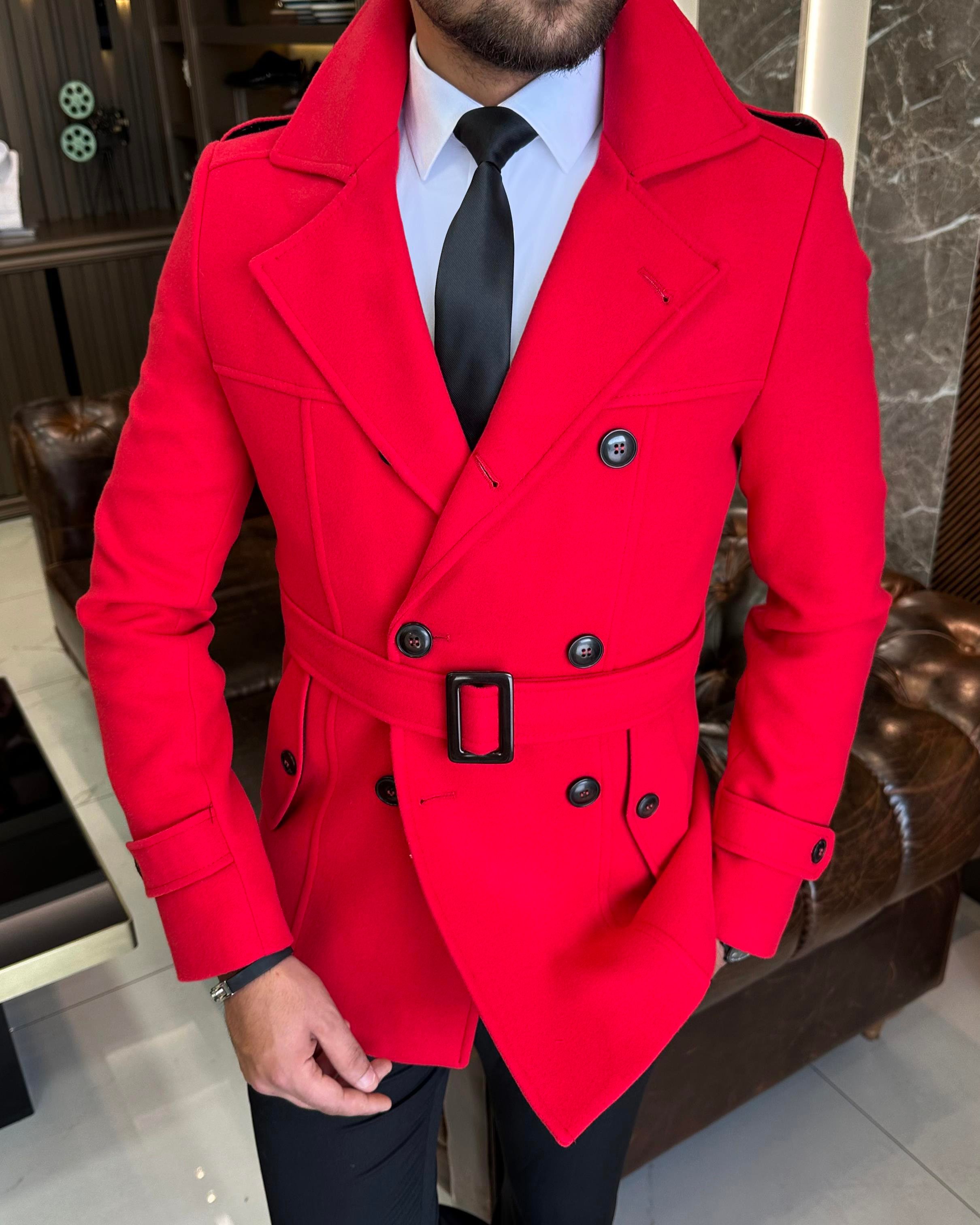 İtalyan stil erkek kısa kaşe trençkot mont kaban Kırmızı T4386