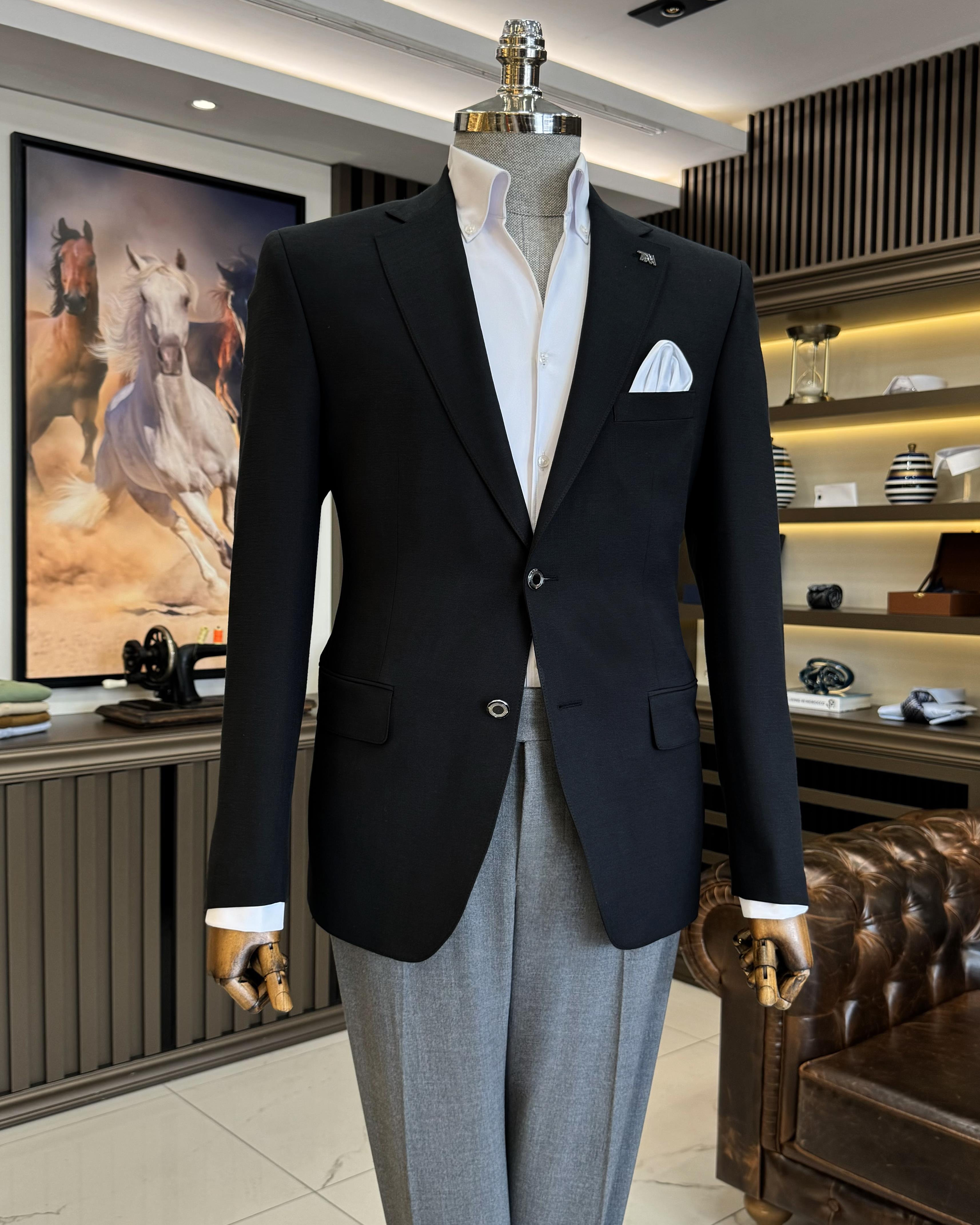 İtalyan stil erkek slim fit mono yaka keten karışımlı ceket siyah T9336