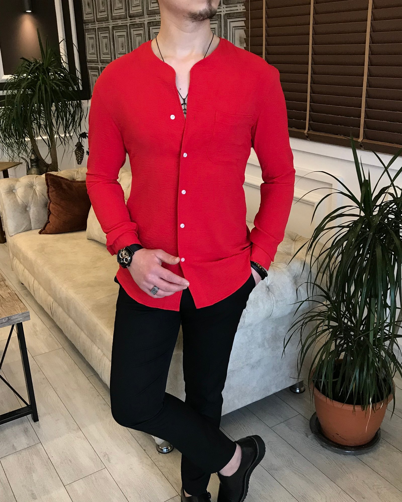 italyan stil erkek yakasız tek cepli gömlek Kırmızı T5787