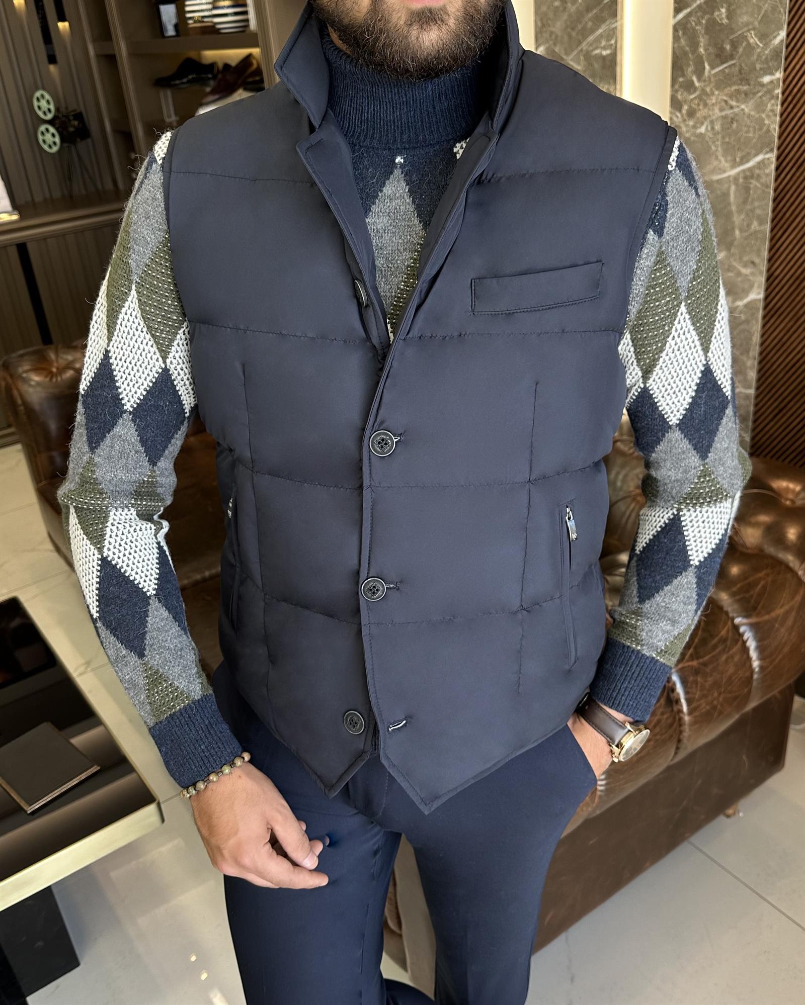 İtalyan stil hakim yaka şişme yelek lacivert T10522