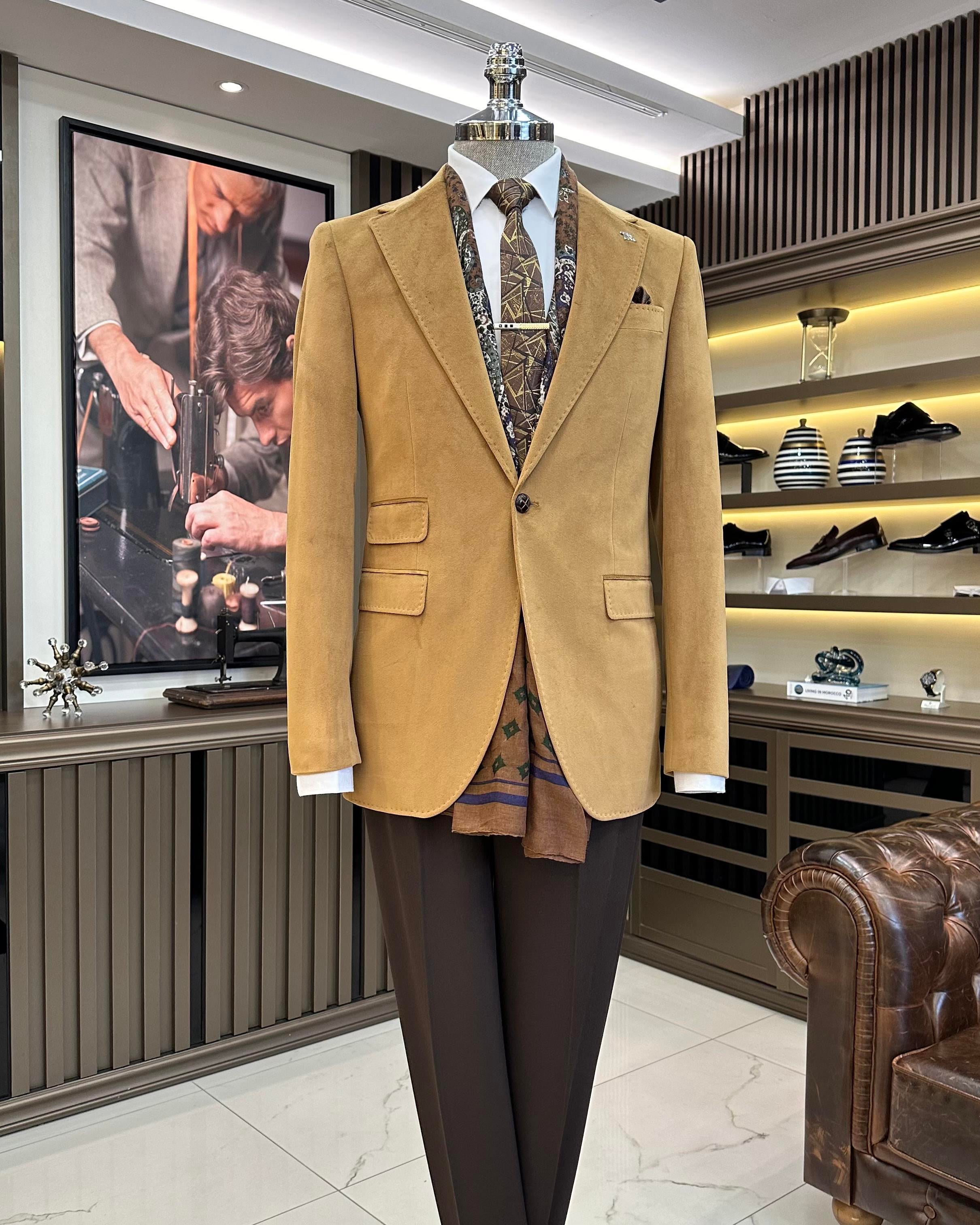 İtalyan stil kadife erkek tek ceket camel T11040