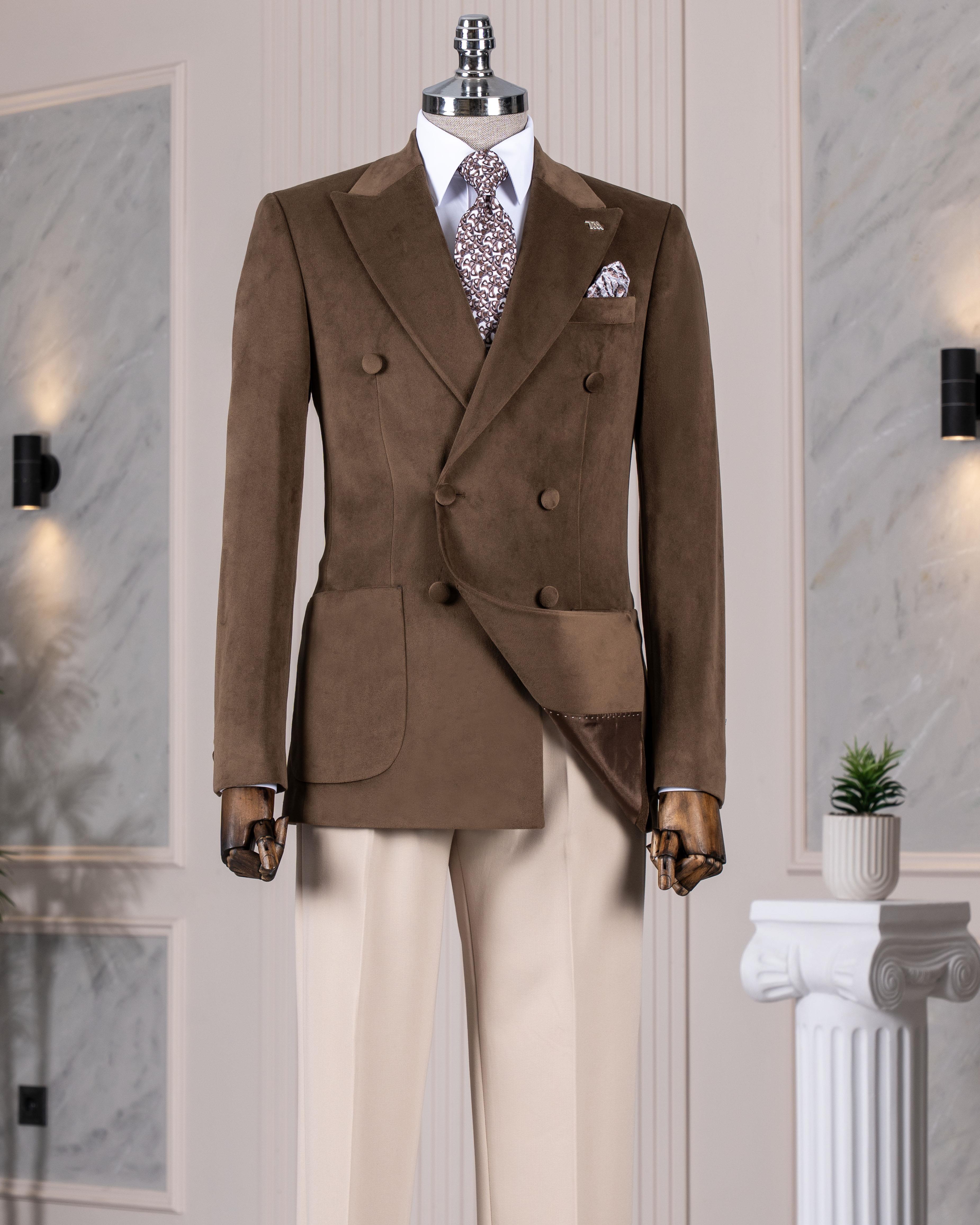 İtalyan stil kadife kruvaze erkek tek ceket kahverengi T11032