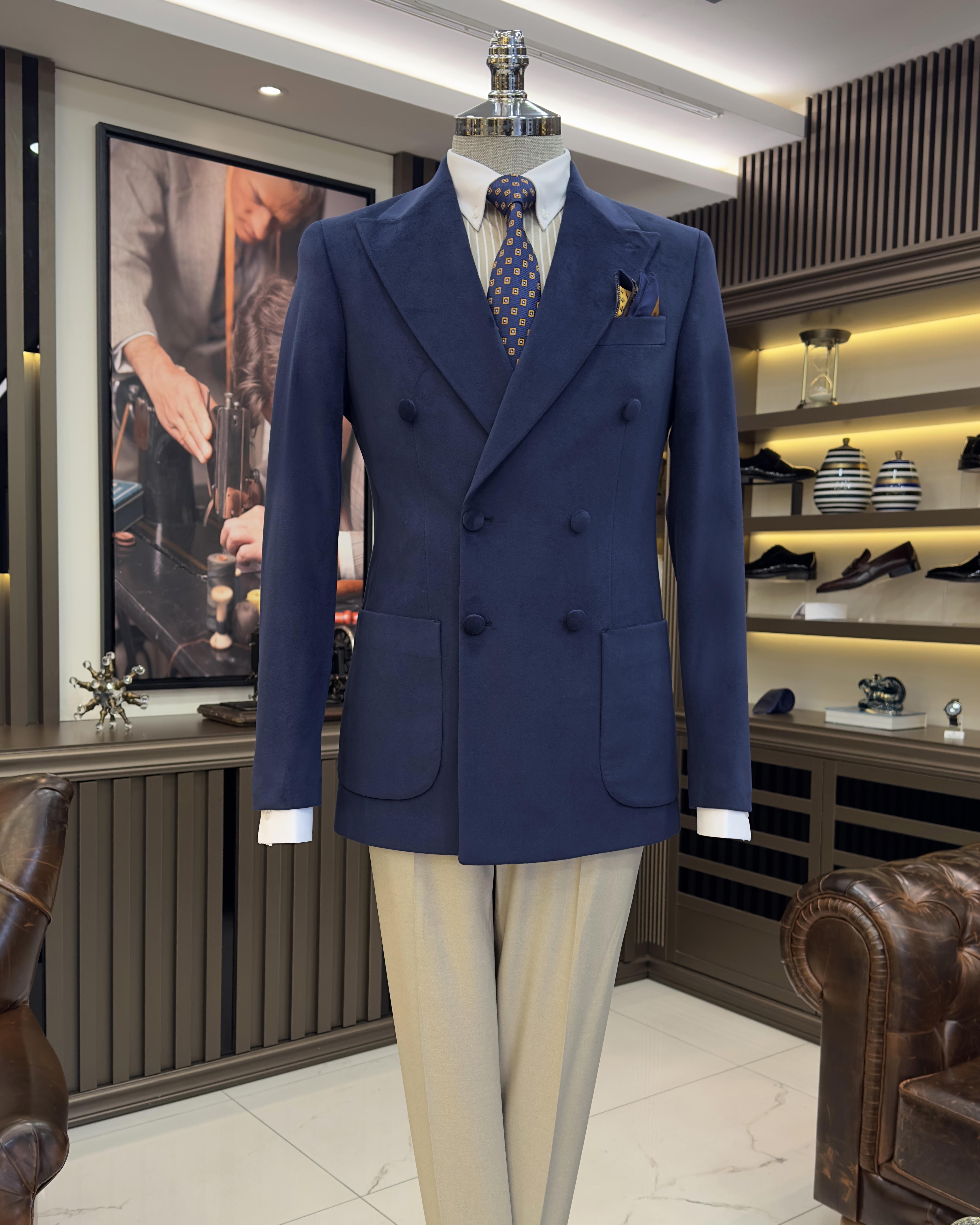 İtalyan stil kadife kruvaze erkek tek ceket lacivert T11036