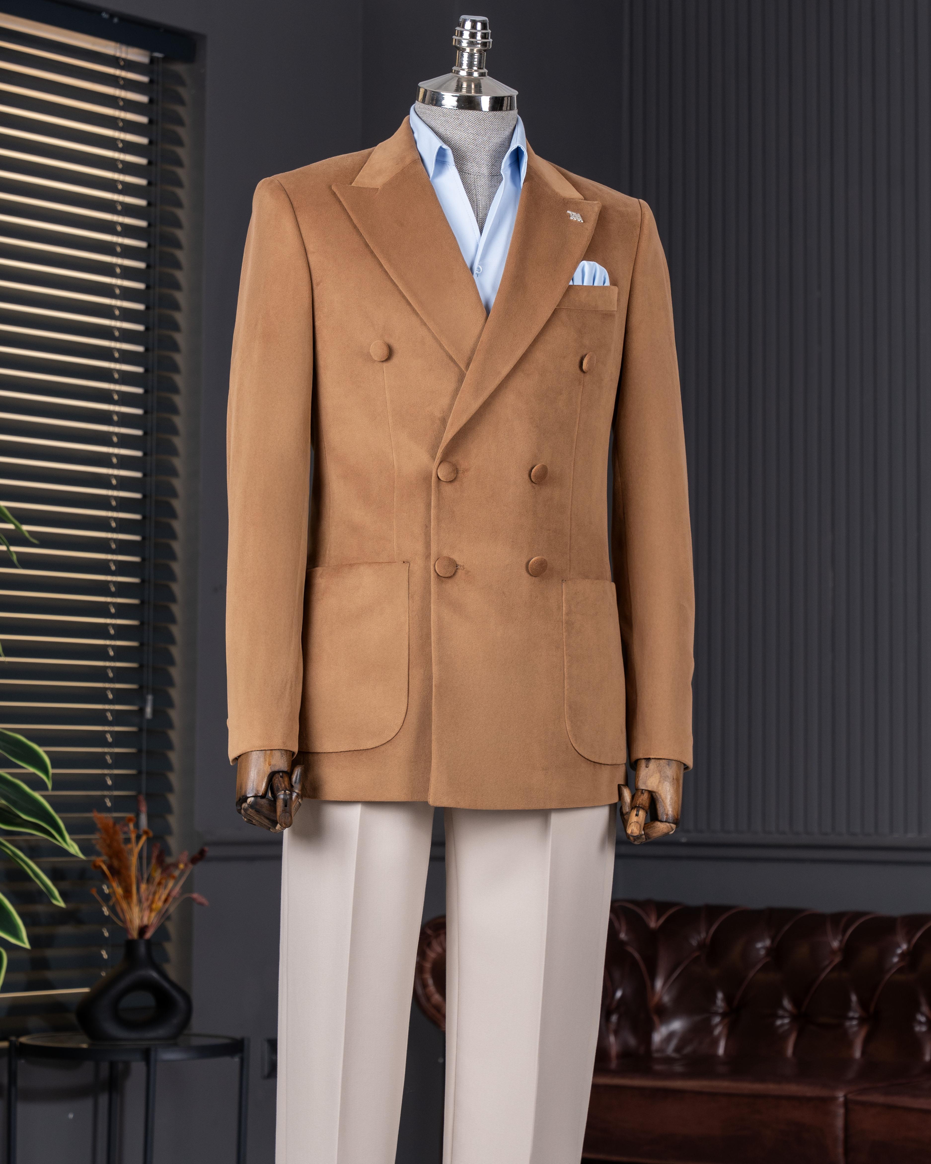 İtalyan stil kadife kruvaze erkek tek ceket camel T11034