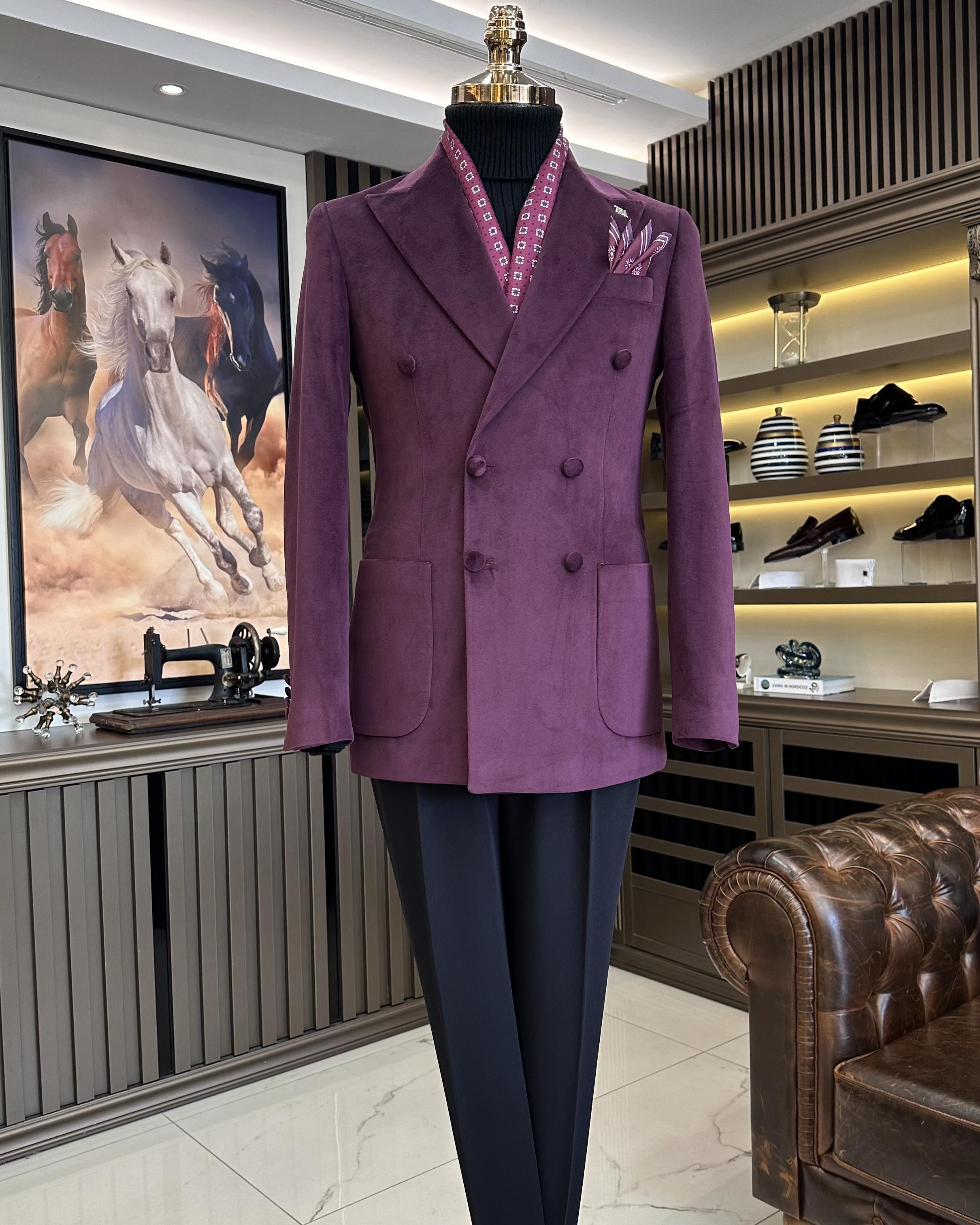 İtalyan stil kadife kruvaze erkek tek ceket bordo T11038