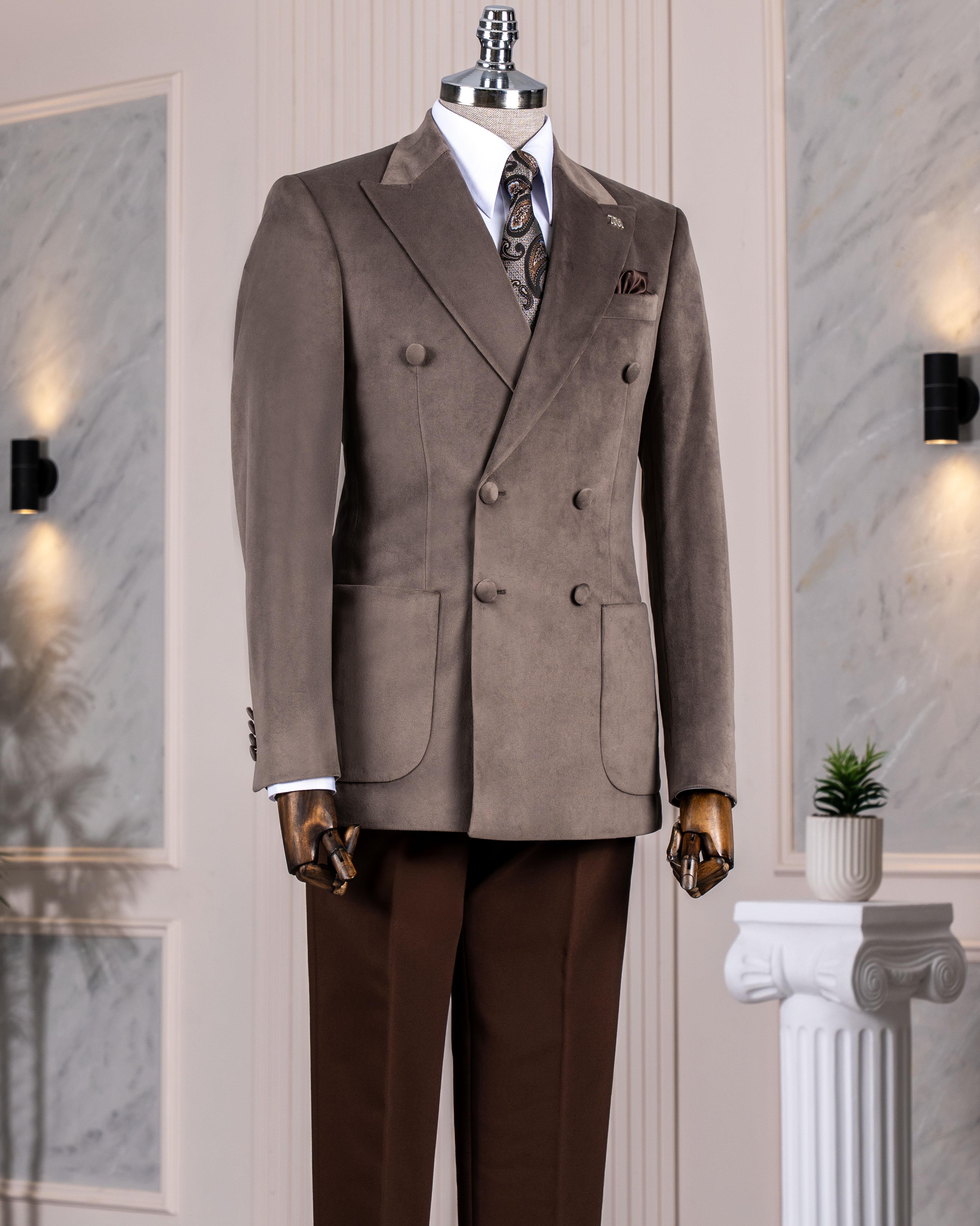 İtalyan stil kadife kruvaze erkek tek ceket Vizon T11031