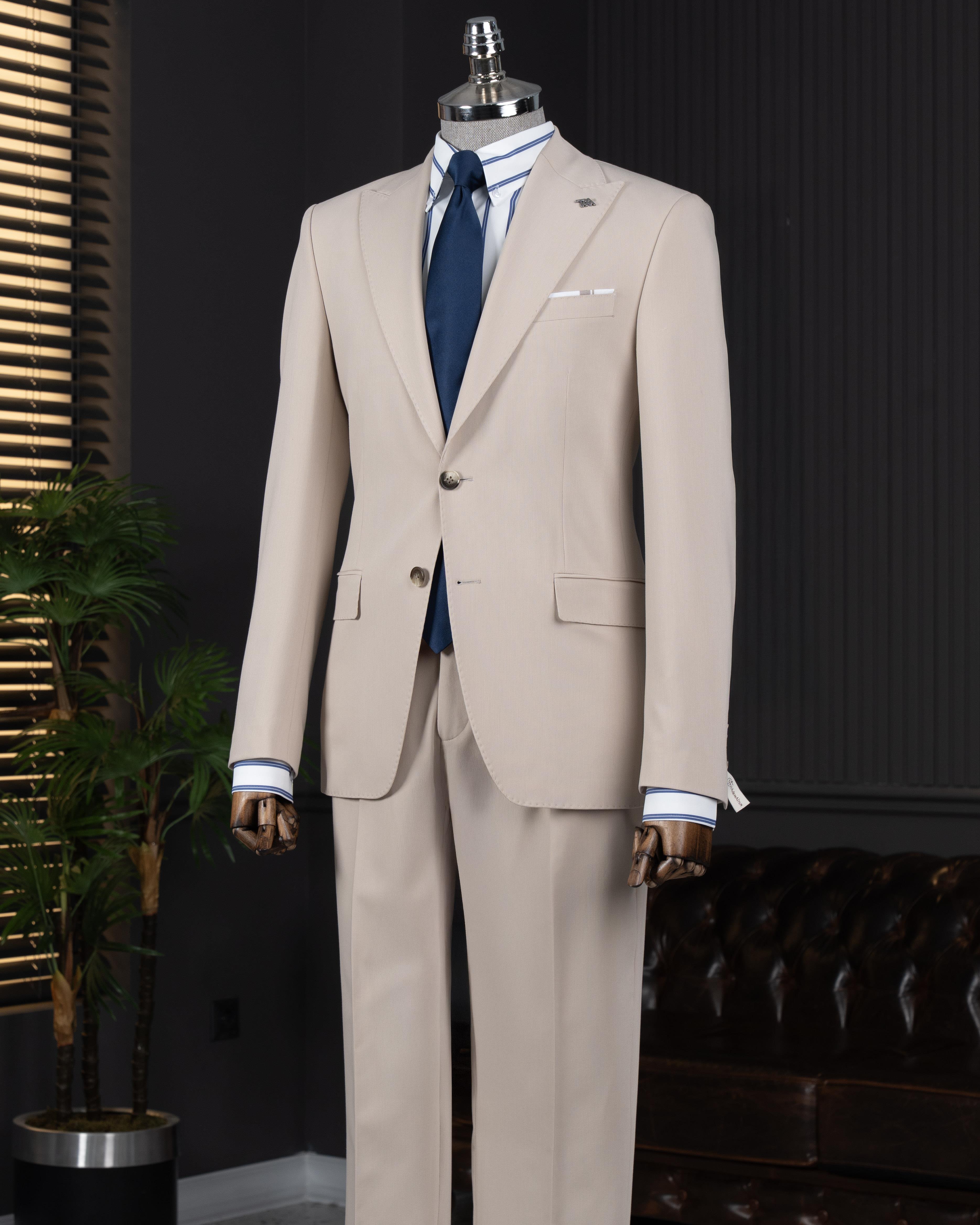 İtalyan stil kruvaze ceket pantolon takım elbise bej T14010