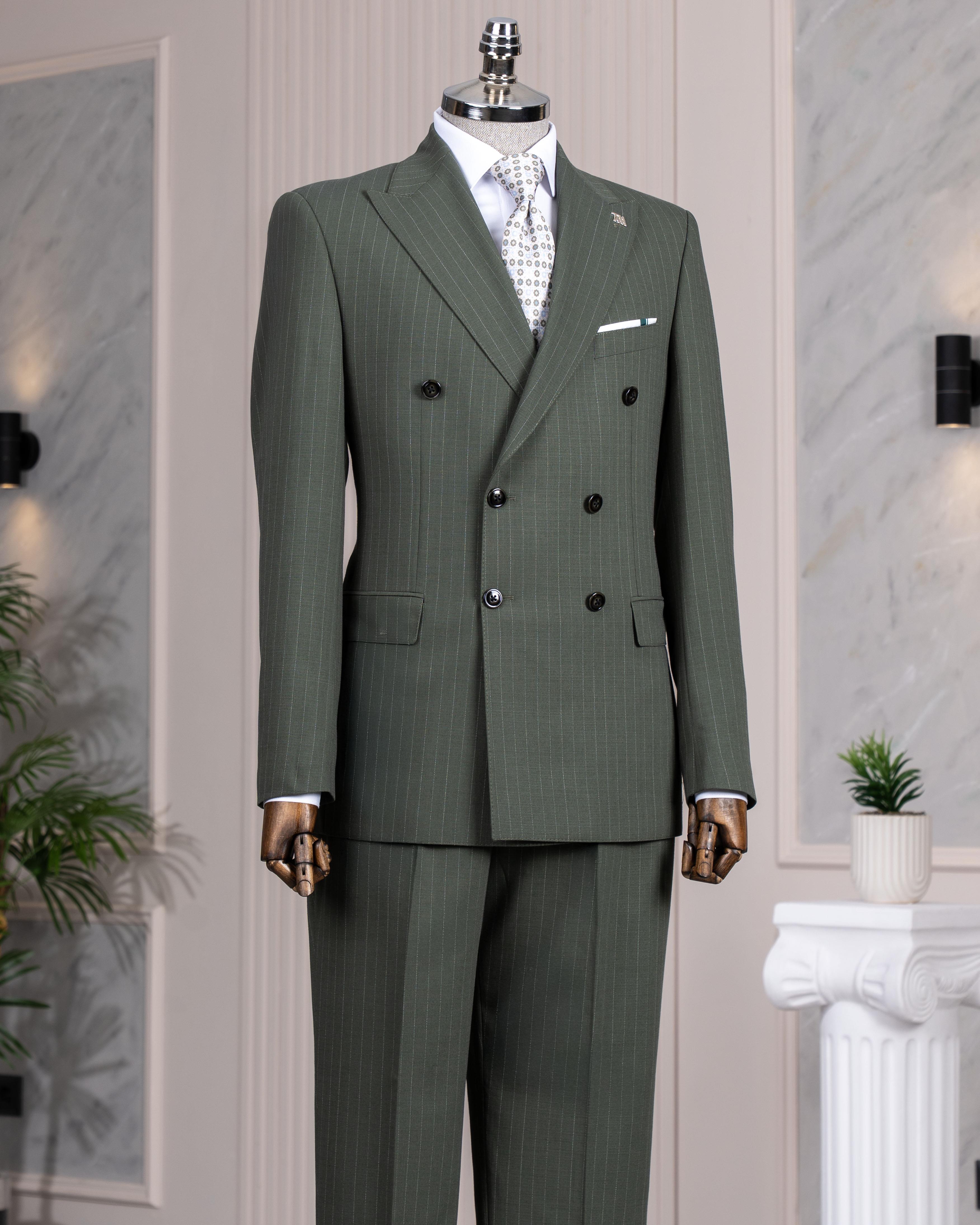 İtalyan stil kruvaze ceket pantolon takım elbise yeşil T14486