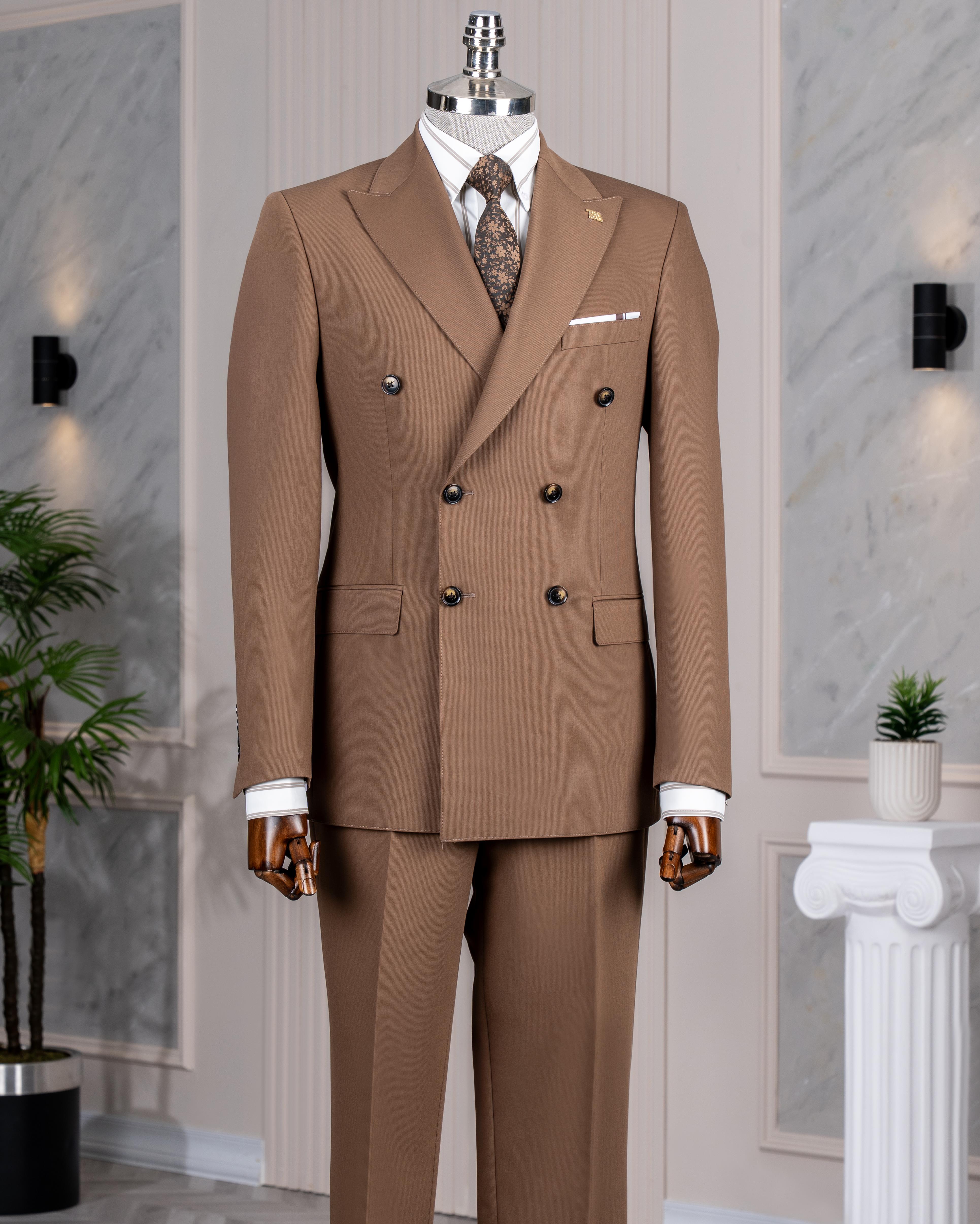 İtalyan stil kruvaze ceket pantolon takım elbise kahverengi T14192