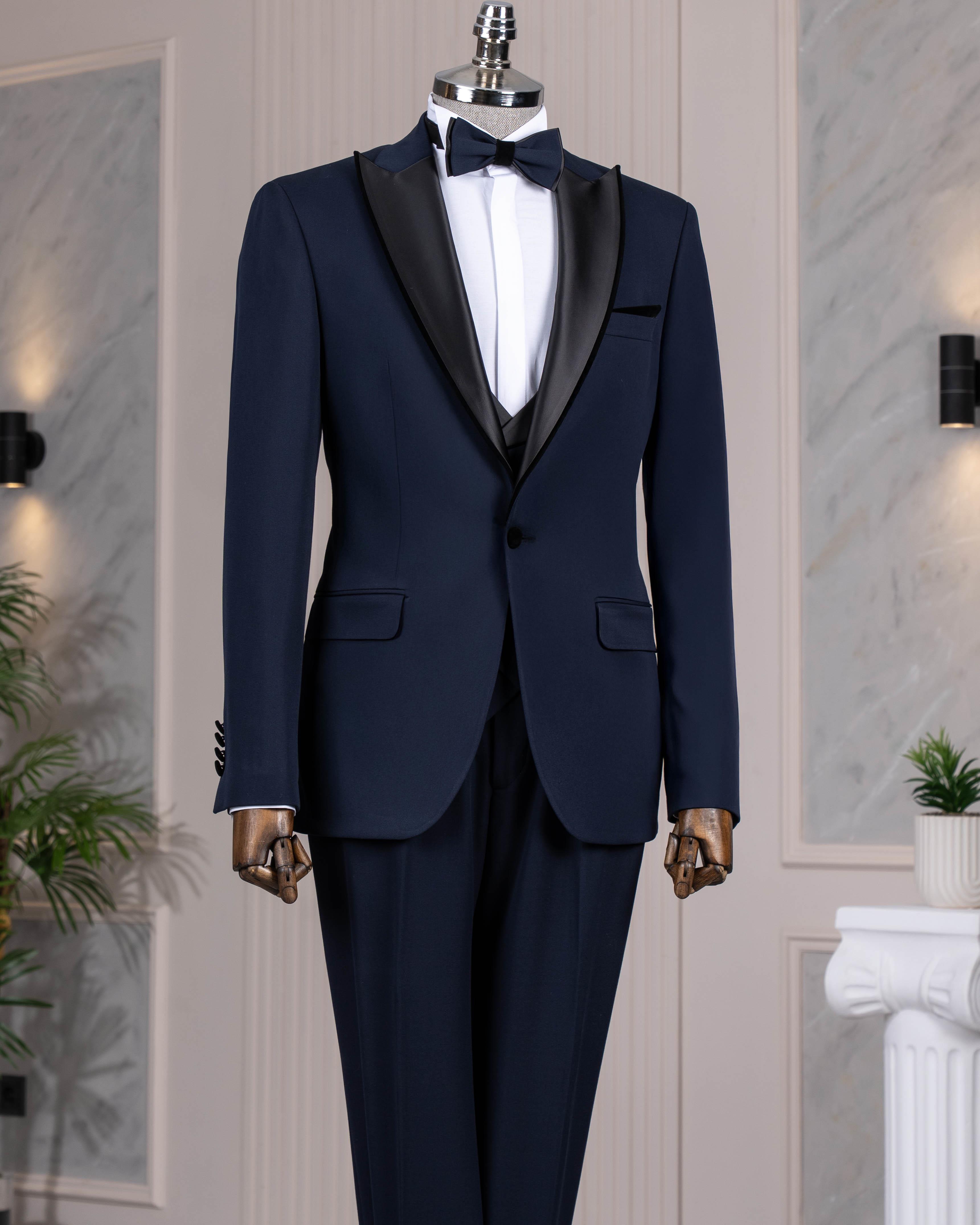 İtalyan stil şal yaka ceket yelek pantolon damatlık set lacivert T14272