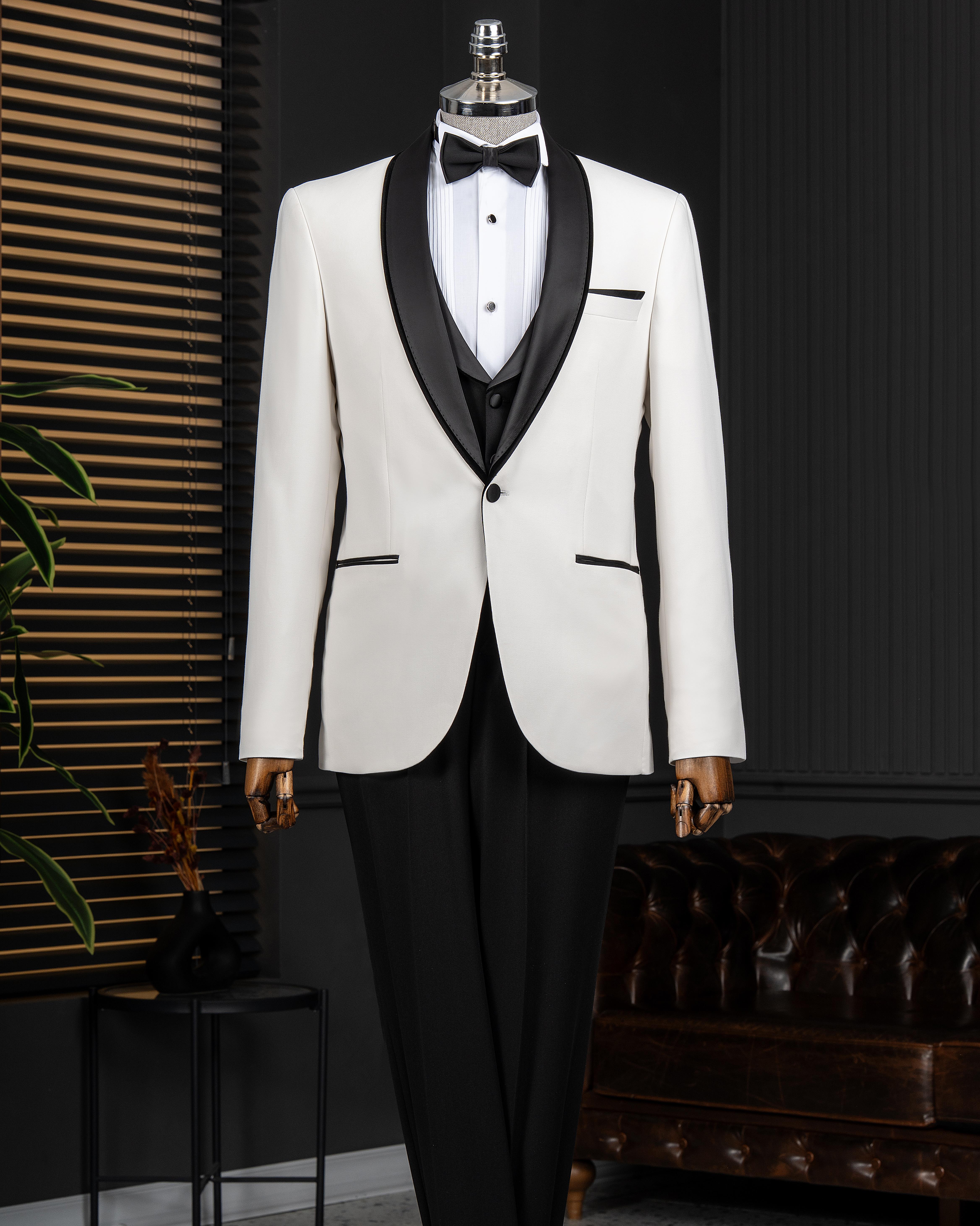 İtalyan stil şal yaka ceket yelek pantolon damatlık set beyaz T14271