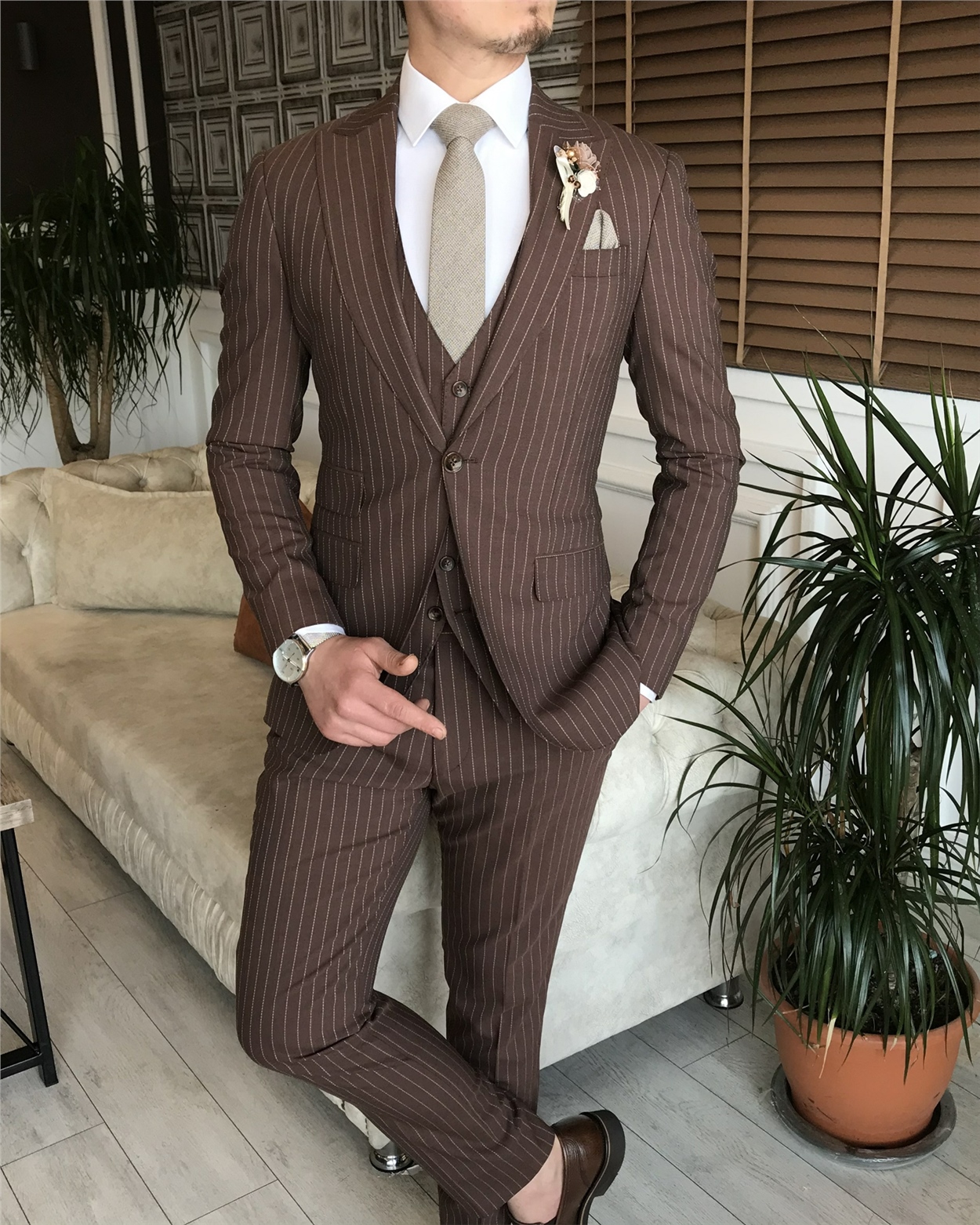 İtalyan stil slim ceket yelek pantolon takım elbise kahverengi T5956