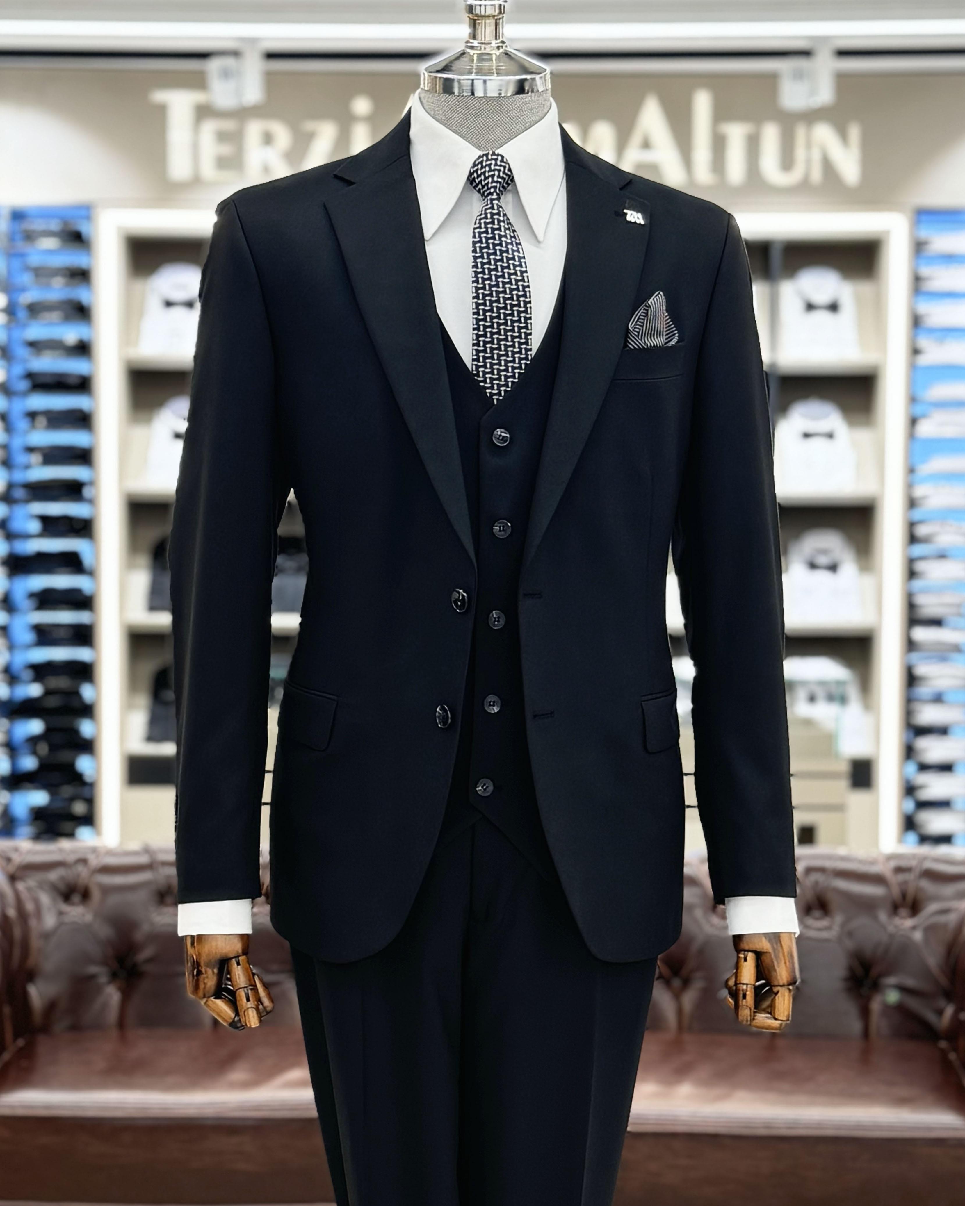İtalyan stil slim fit 4 drop ceket yelek pantolon takım elbise siyah T12090