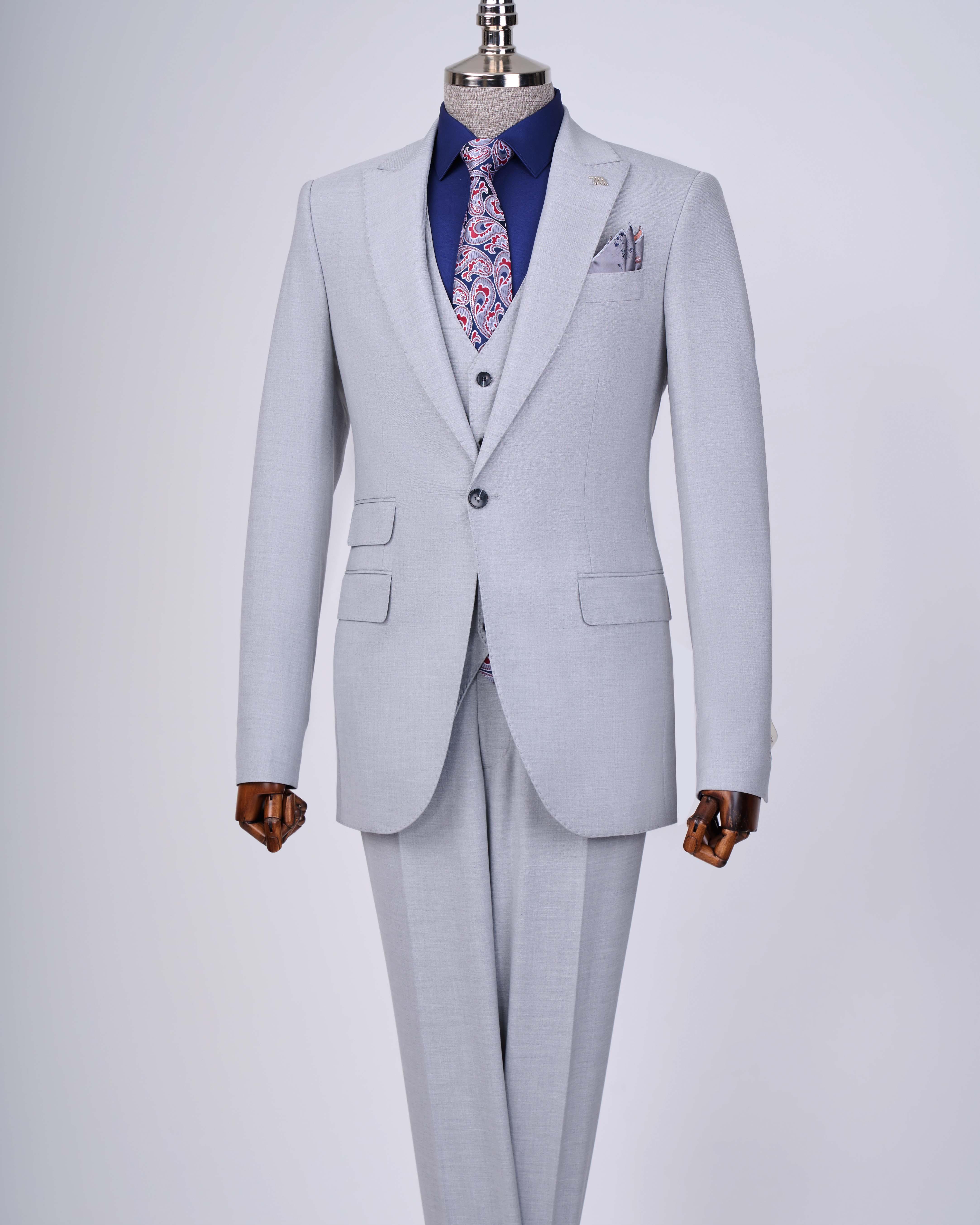 İtalyan stil slim fit 8 drop ceket yelek pantolon takım elbise gri T12634