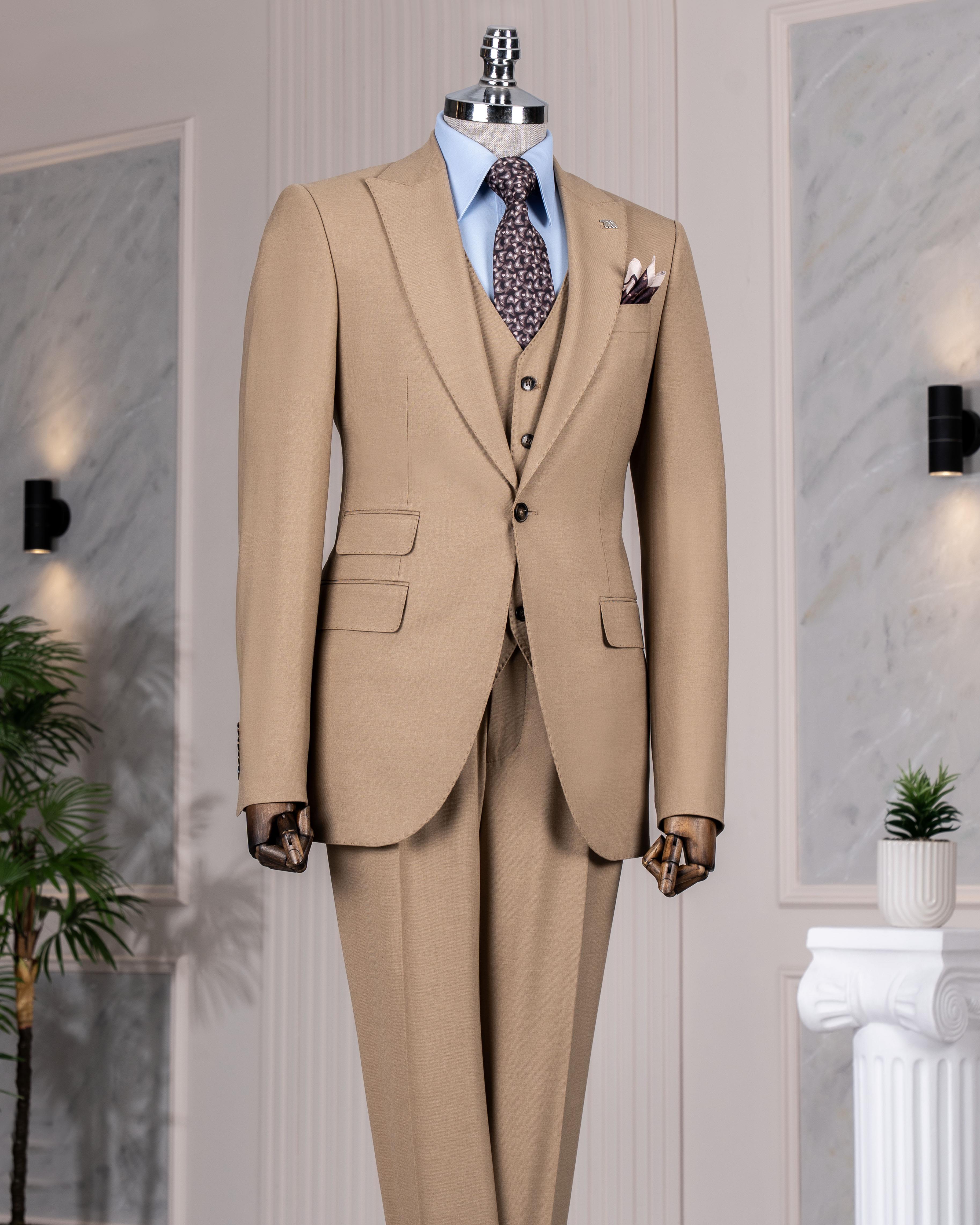 İtalyan stil slim fit 8 drop ceket yelek pantolon takım elbise camel T12632