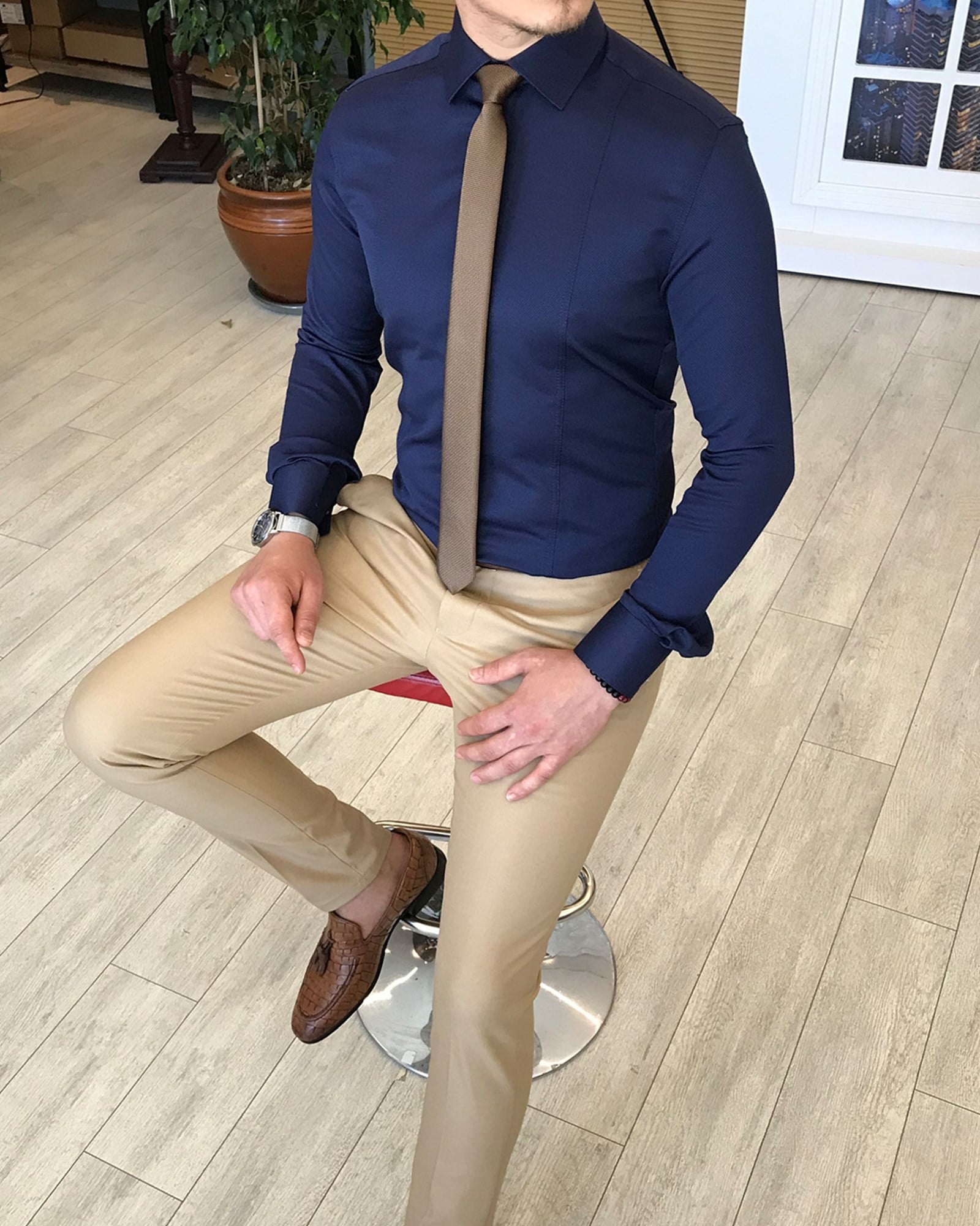 İtalyan stil slim fit armürlü kravat yaka gömlek Lacivert T4768