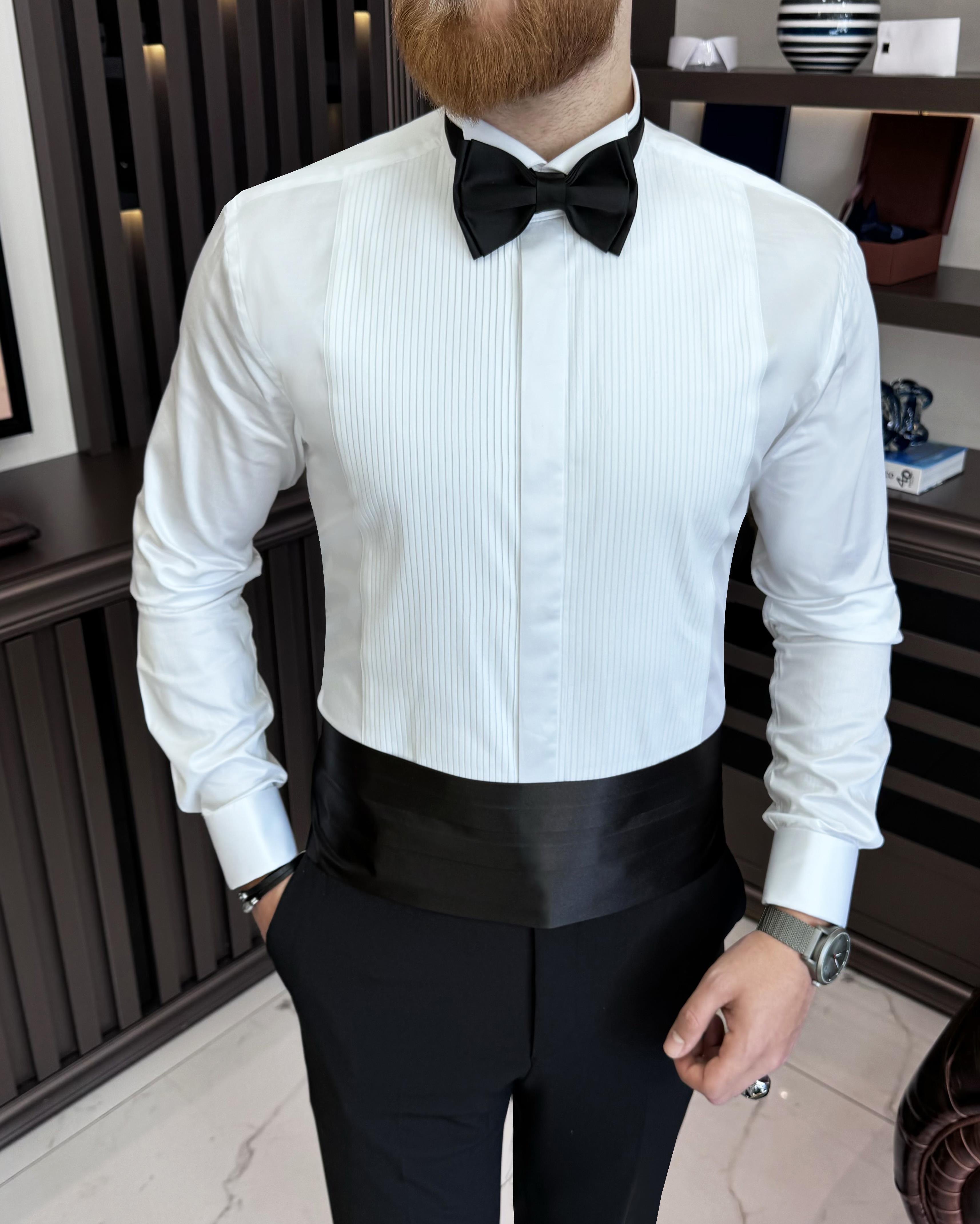 İtalyan stil slim fit ata yaka duble manşet erkek gömlek beyaz T11601