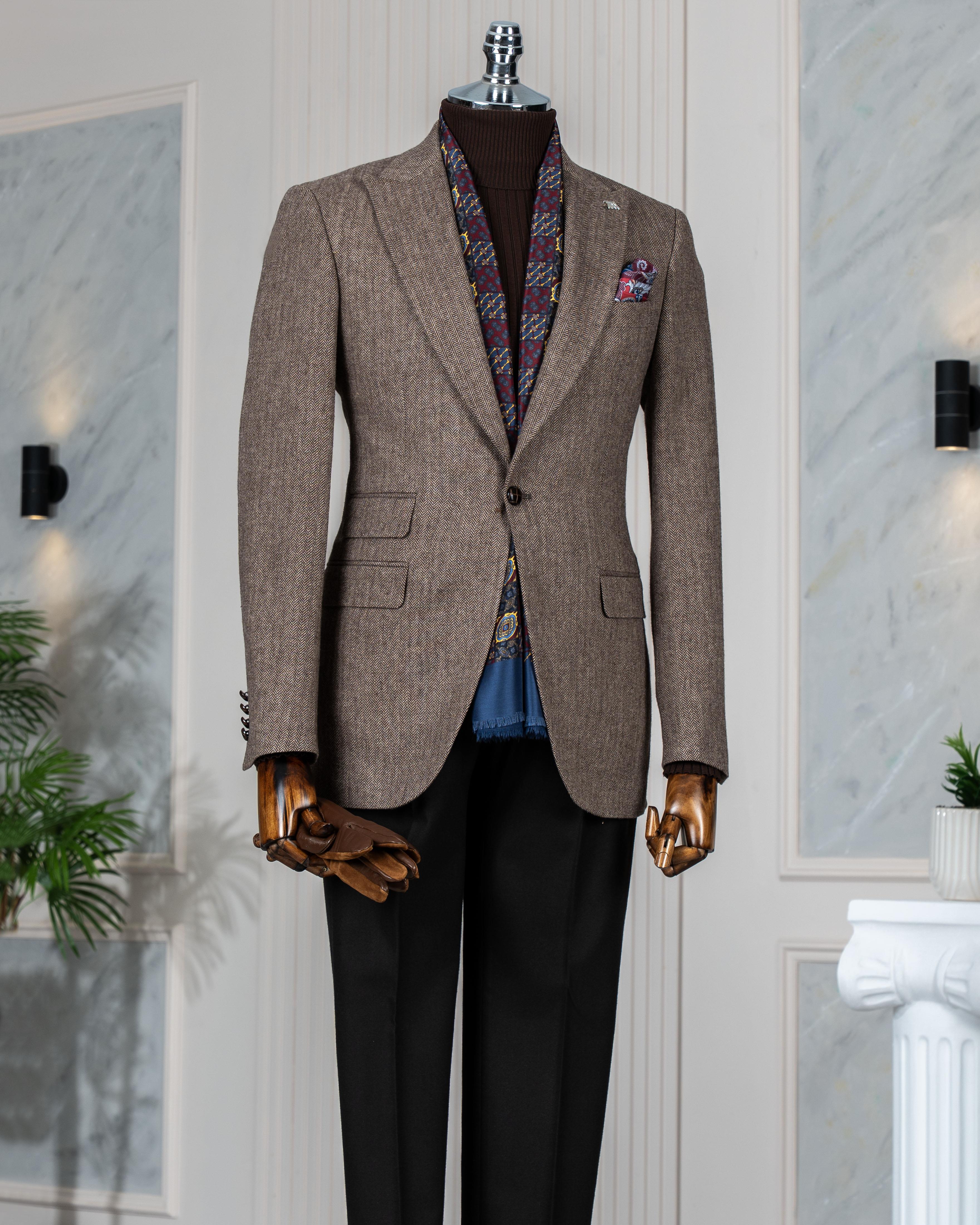 İtalyan stil slim fit balıksırtı desen erkek tek ceket kahverengi T13298