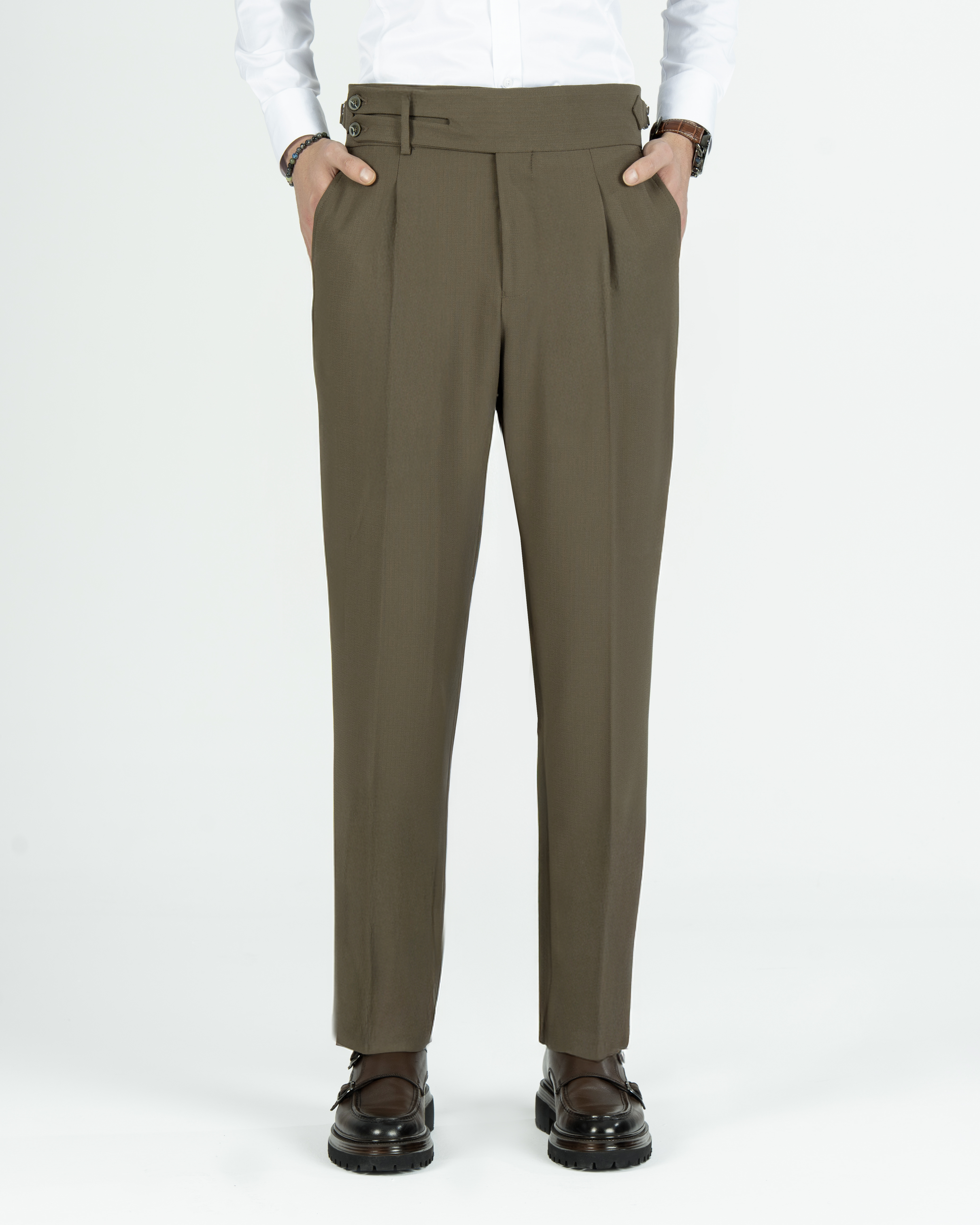 İtalyan stil slim fit bel detaylı erkek pantolon kahverengi T14829