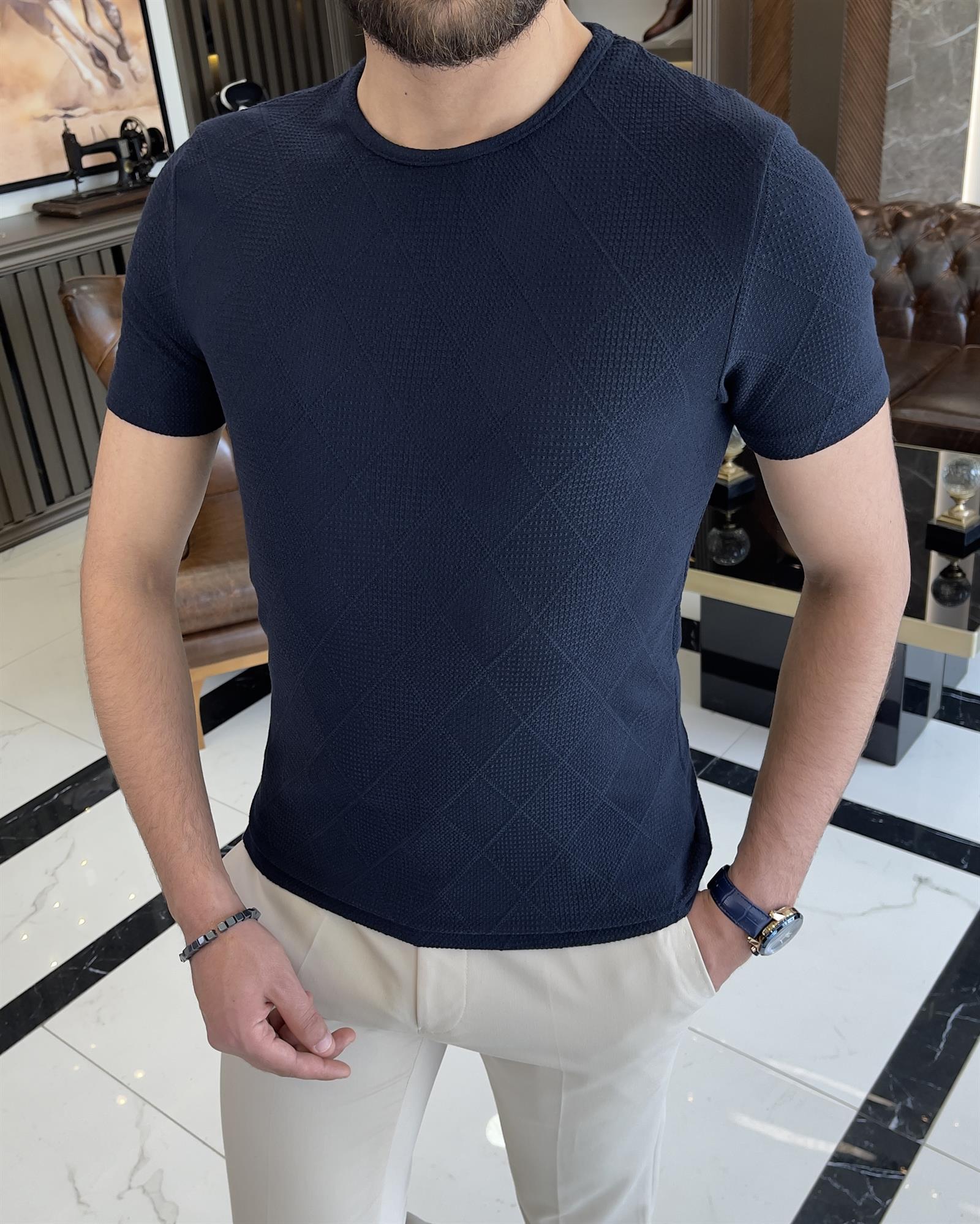 İtalyan stil slim fit bisiklet yaka baklava desenli pamuk tişört lacivert T9400