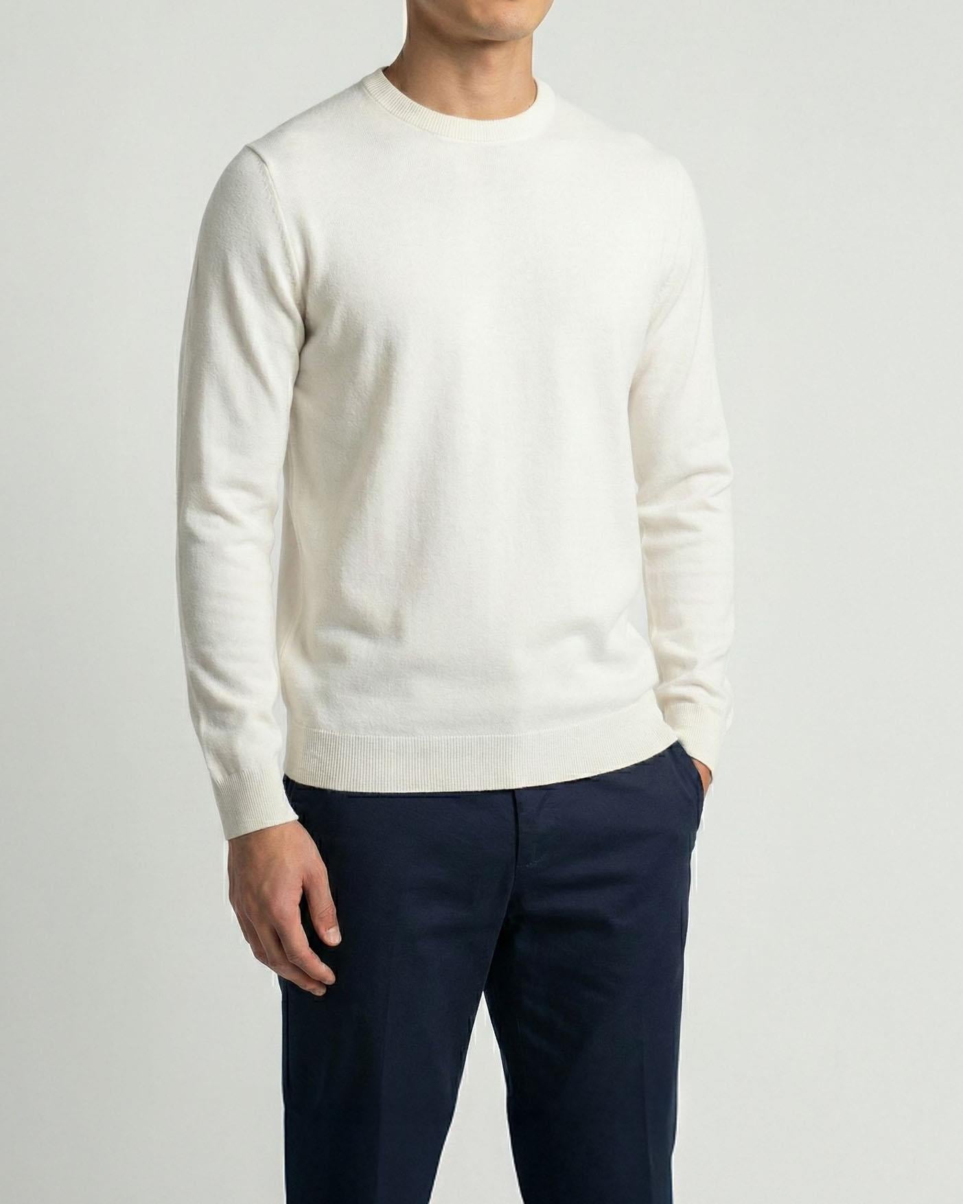 İtalyan stil slim fit bisiklet yaka erkek triko kazak ekru T15083