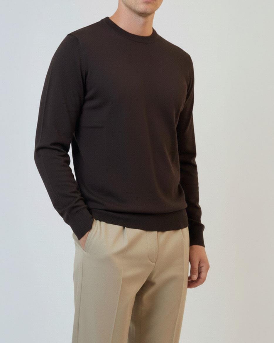 İtalyan stil slim fit bisiklet yaka triko kazak kahverengi T14498