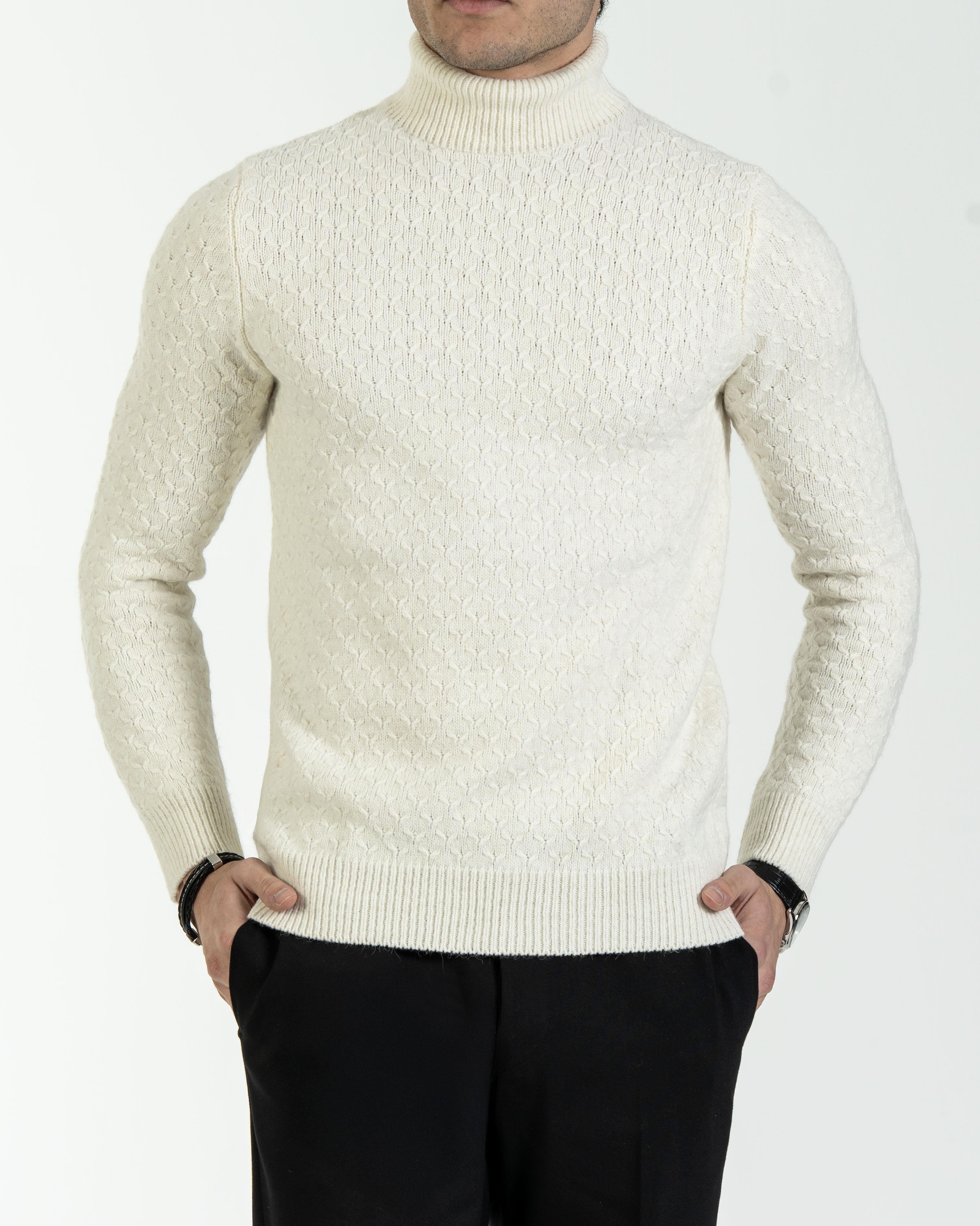 İtalyan stil slim fit boğazlı erkek triko kazak ekru T13009