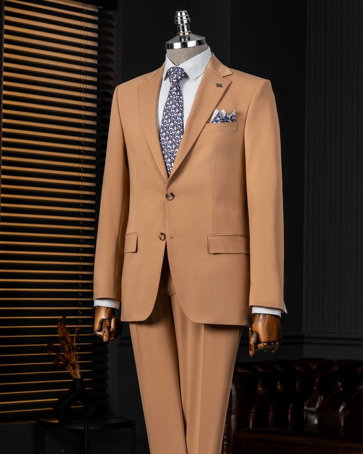 İtalyan stil slim fit ceket pantalon takım elbise camel T14000