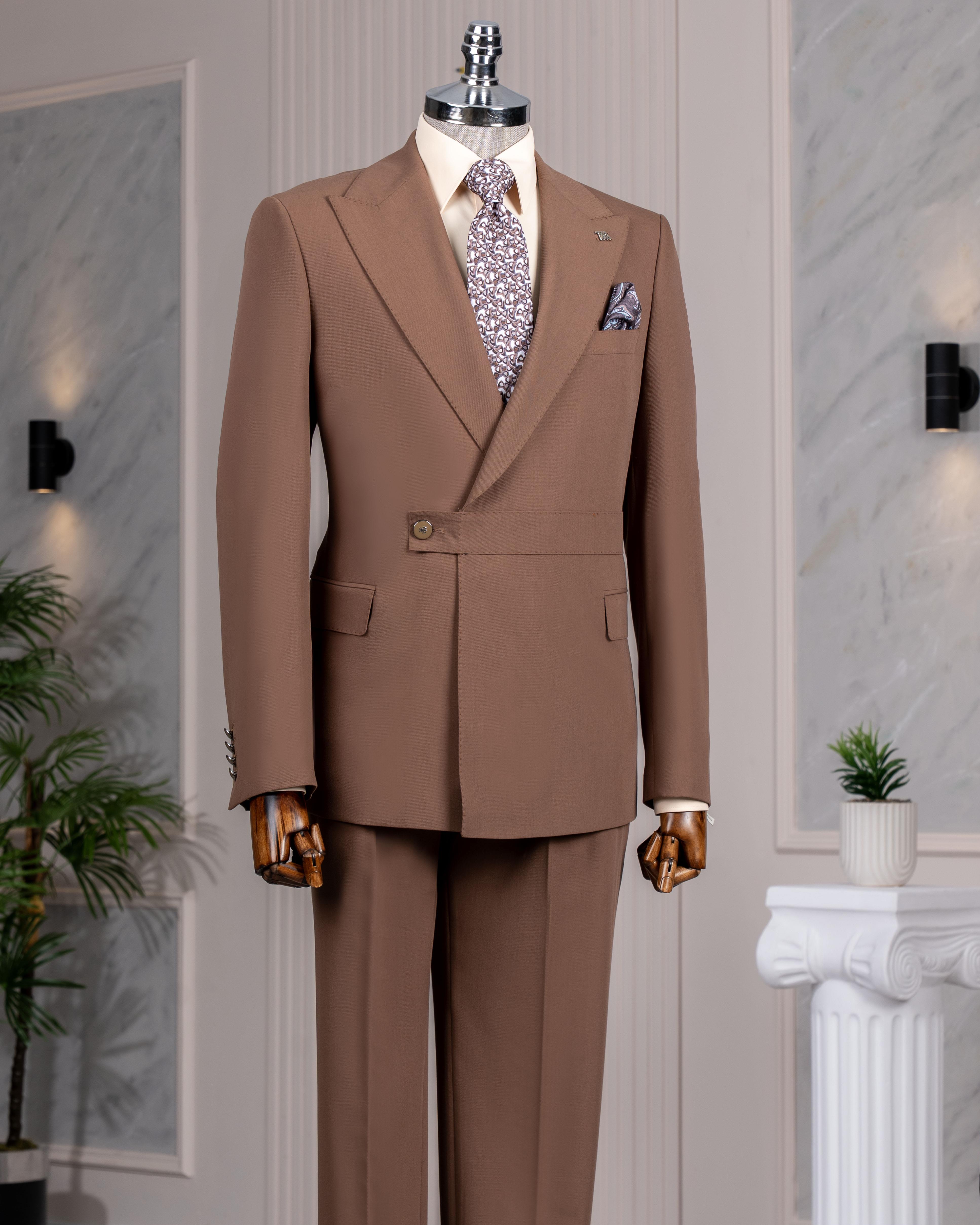 İtalyan stil slim fit ceket pantalon takım elbise kahverengi T14381