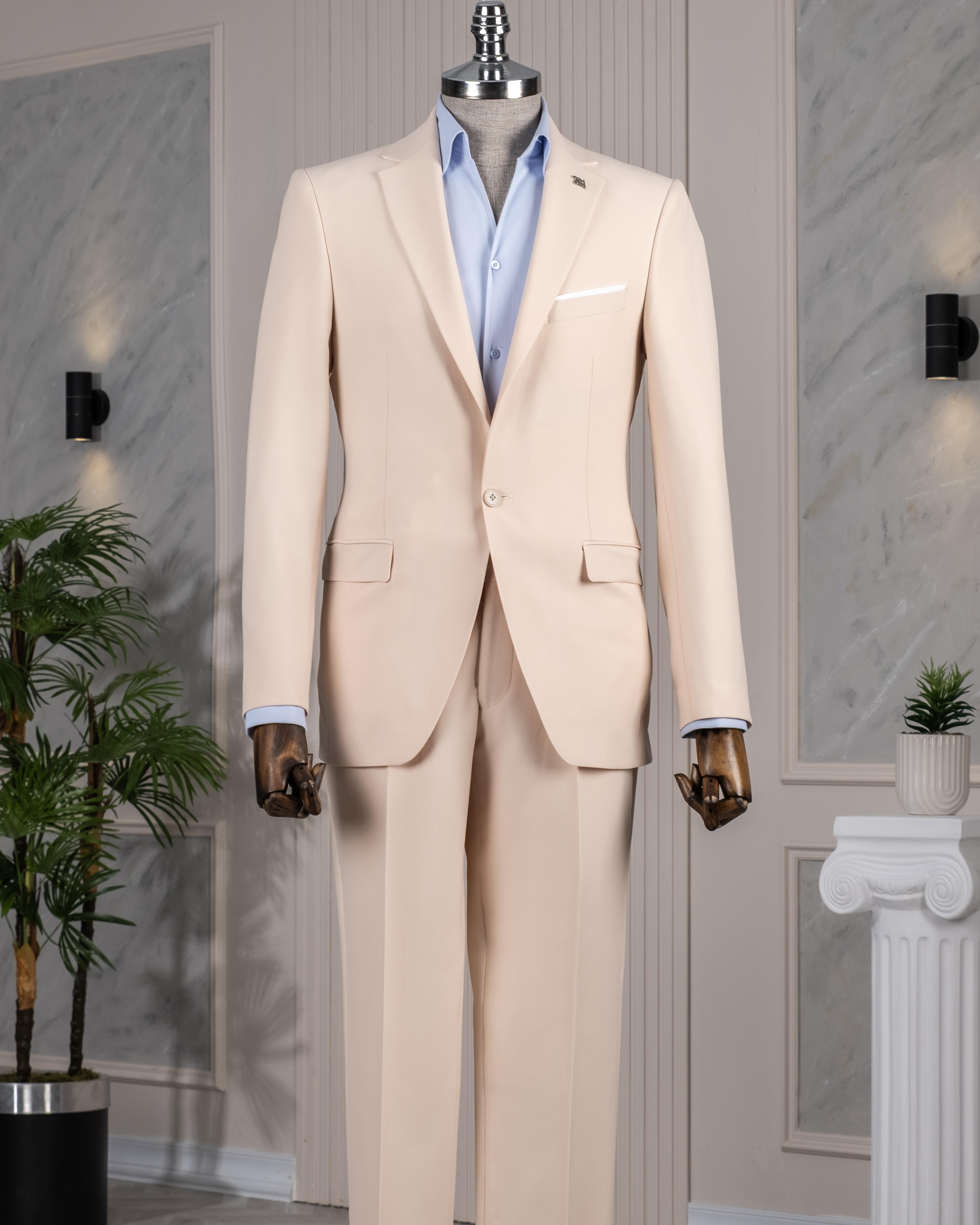 İtalyan stil slim fit ceket pantolon takım elbise bej T14160