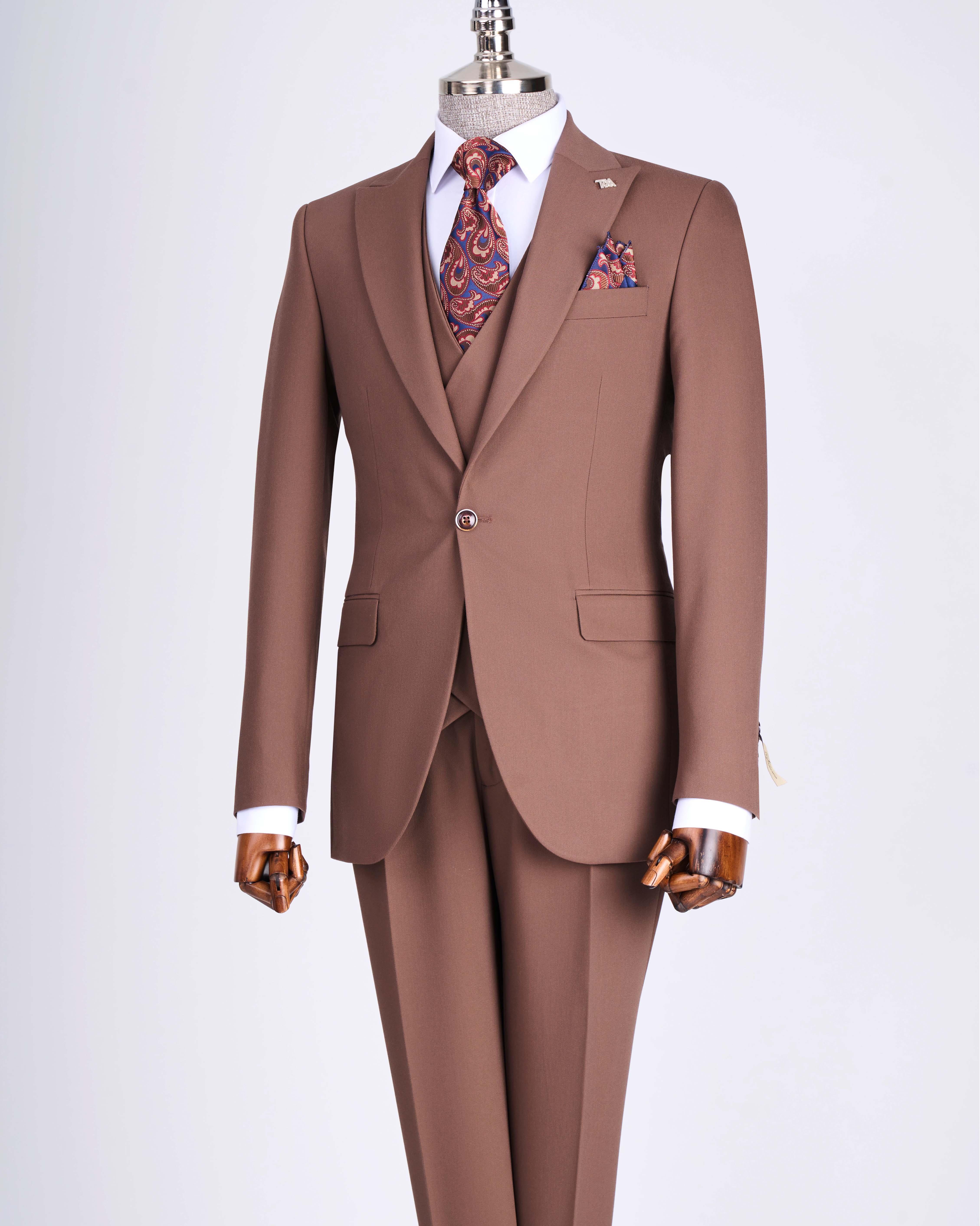 İtalyan stil slim fit ceket yelek pantolon takım elbise kahverengi T13495