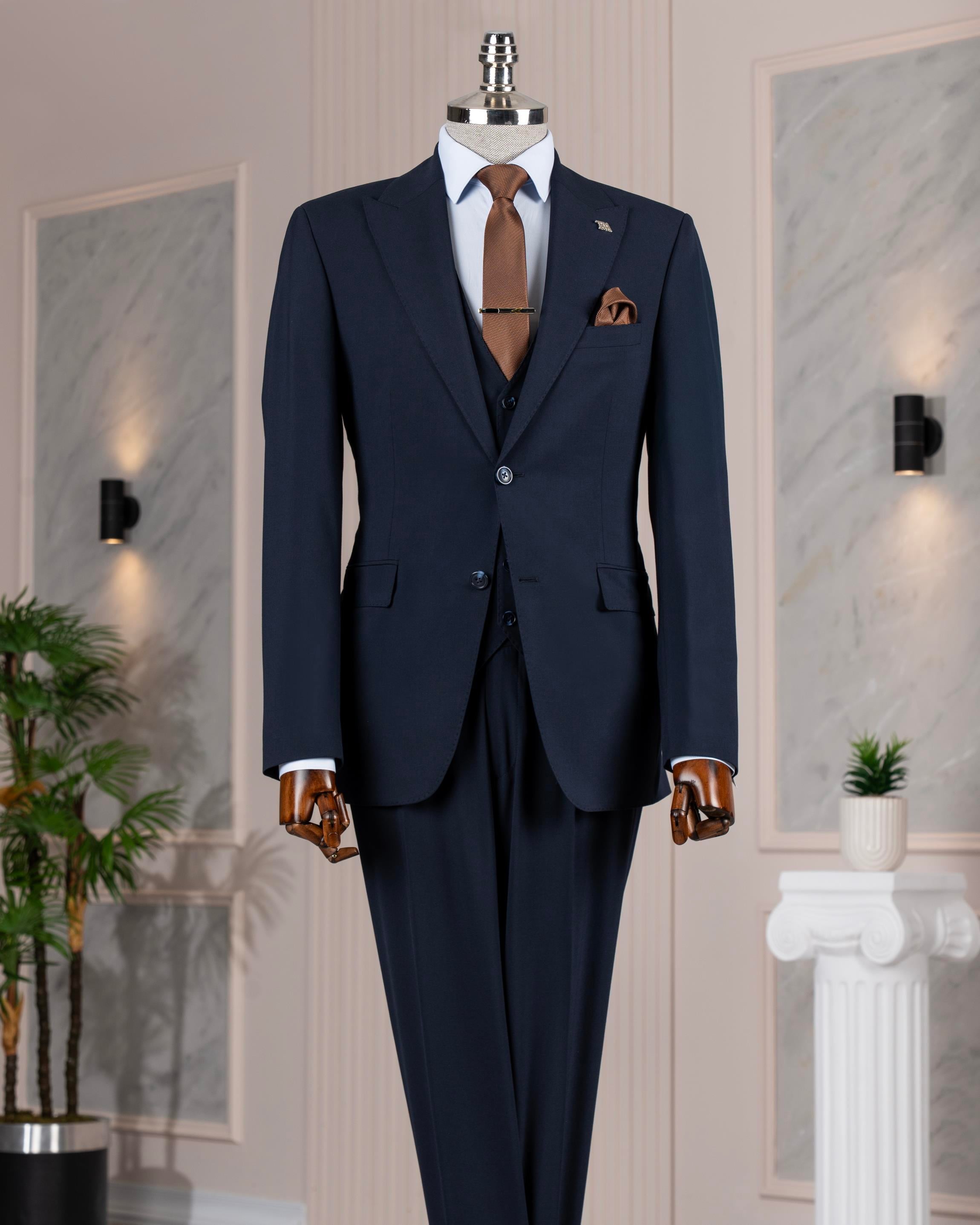 İtalyan stil slim fit ceket yelek pantolon takım elbise lacivert T14312