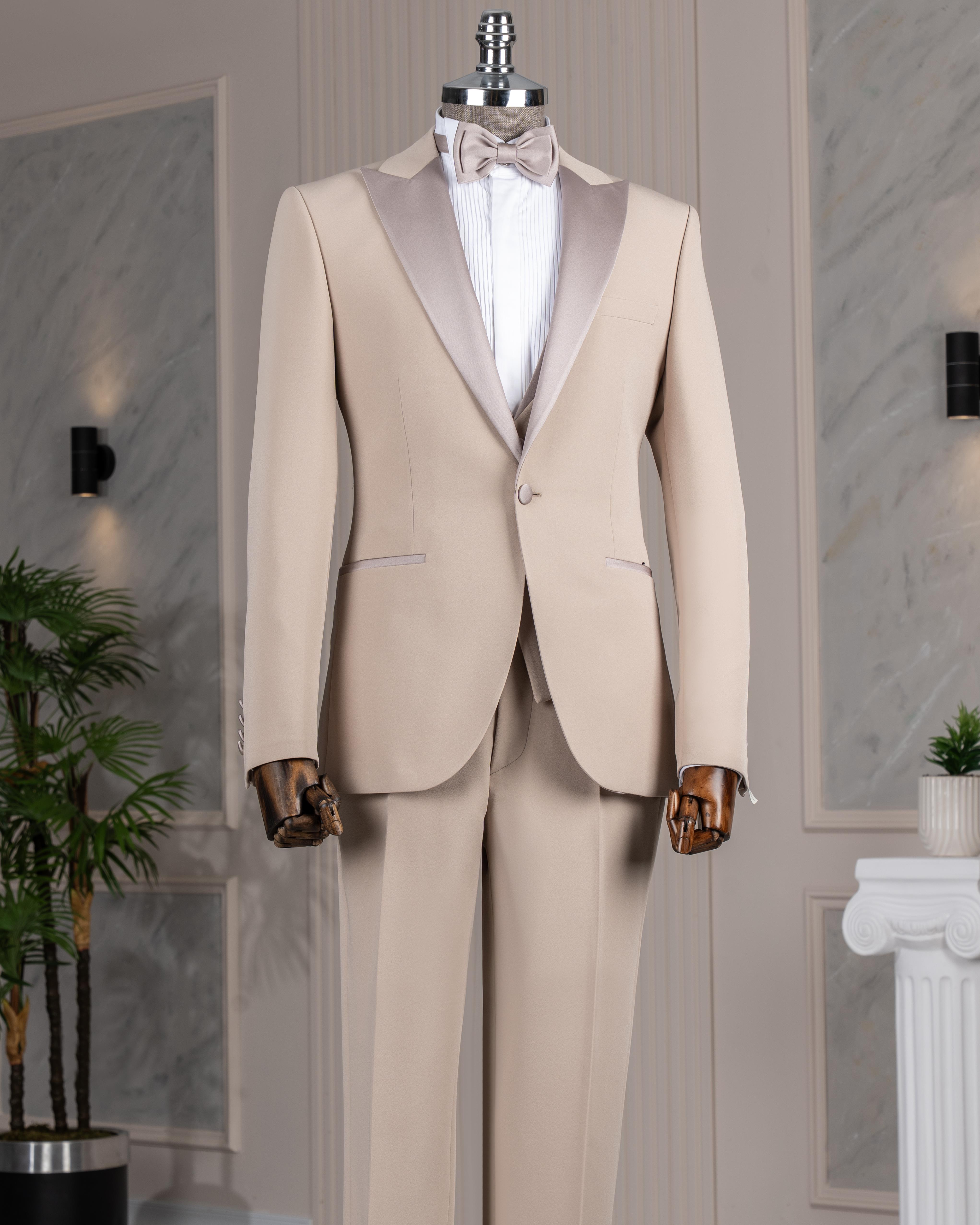İtalyan stil slim fit ceket yelek pantolon damatlık set bej T14463