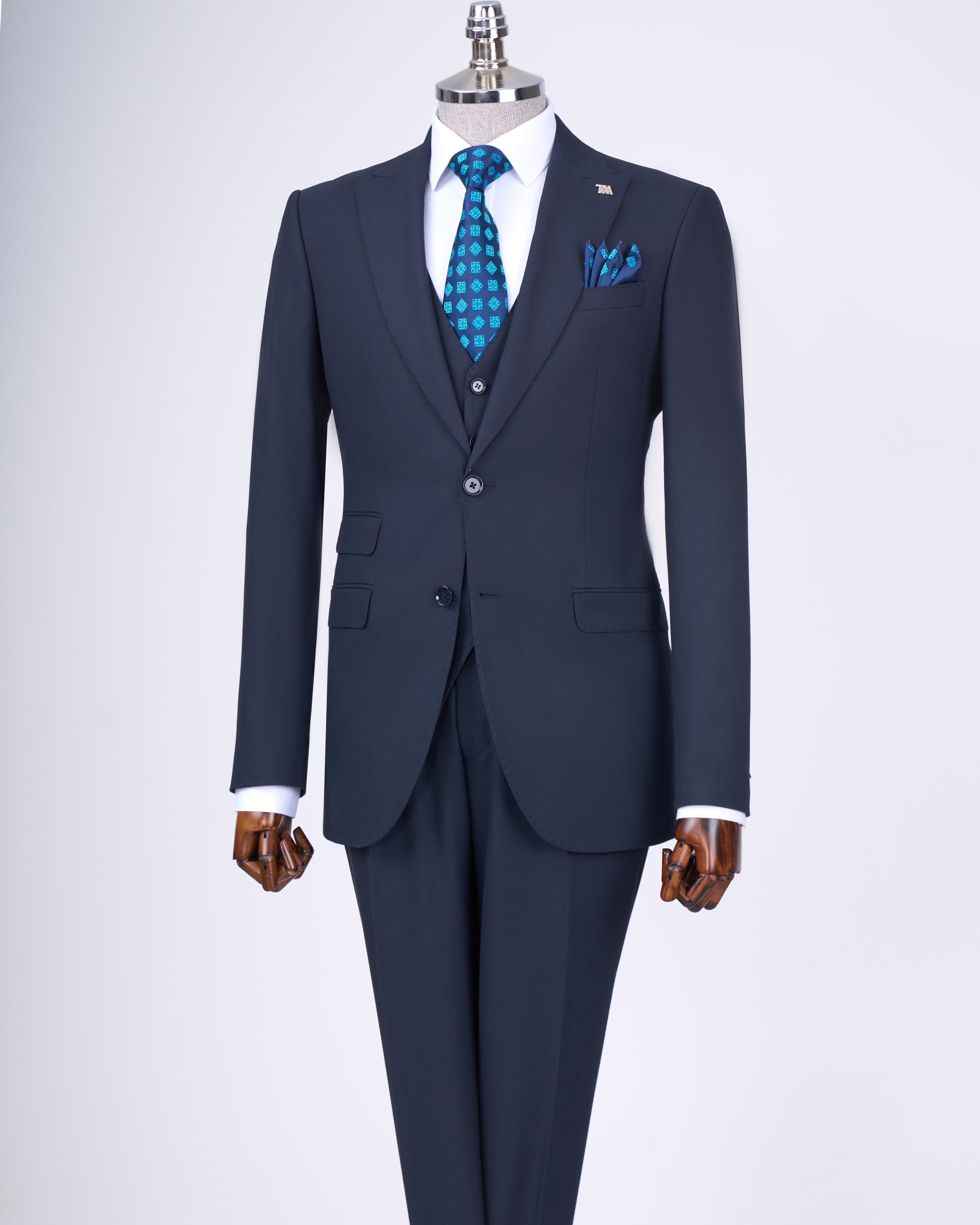 İtalyan stil slim fit ceket yelek pantolon takım elbise lacivert T11393