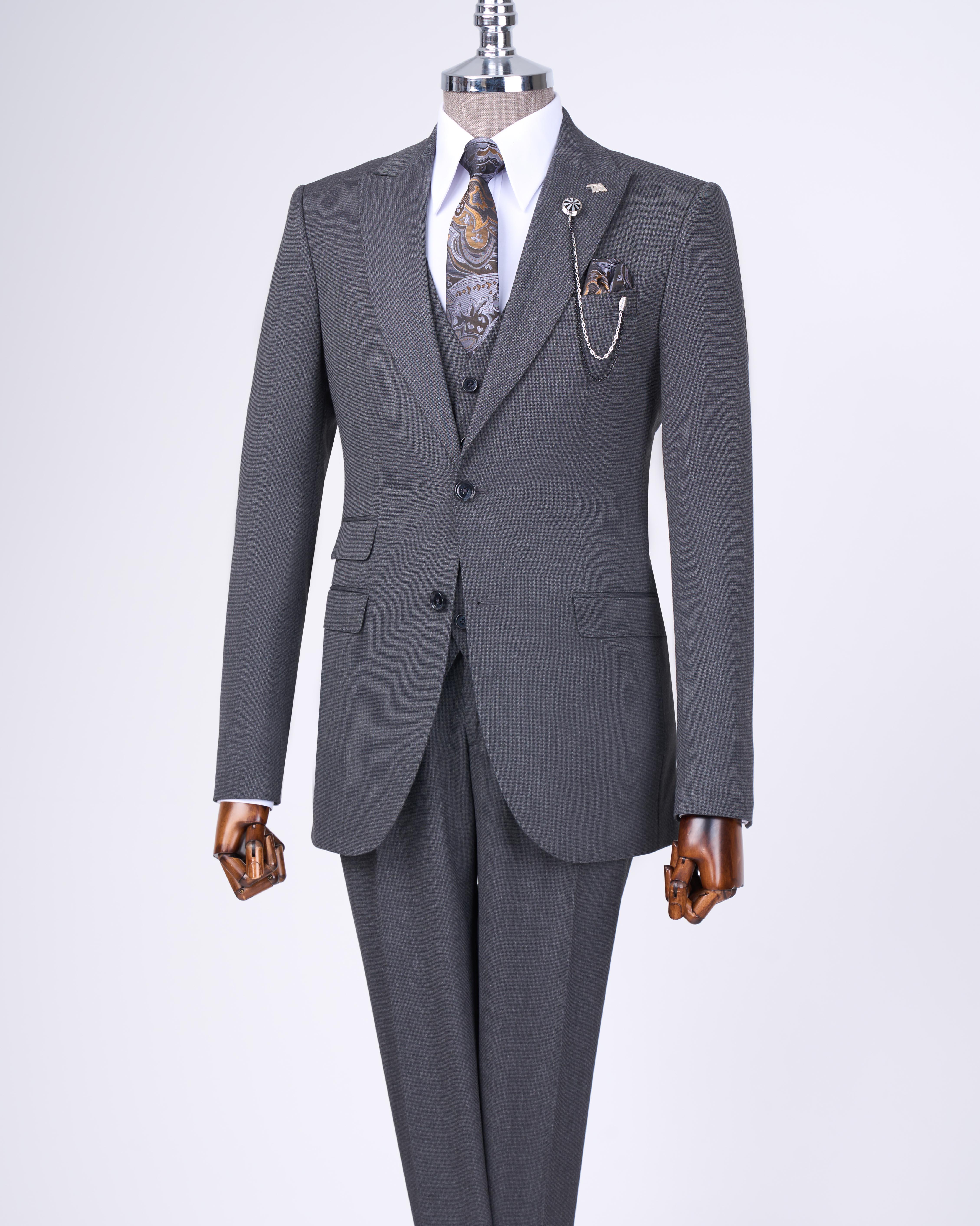 İtalyan stil slim fit ceket yelek pantolon takım elbise antrasit T11396