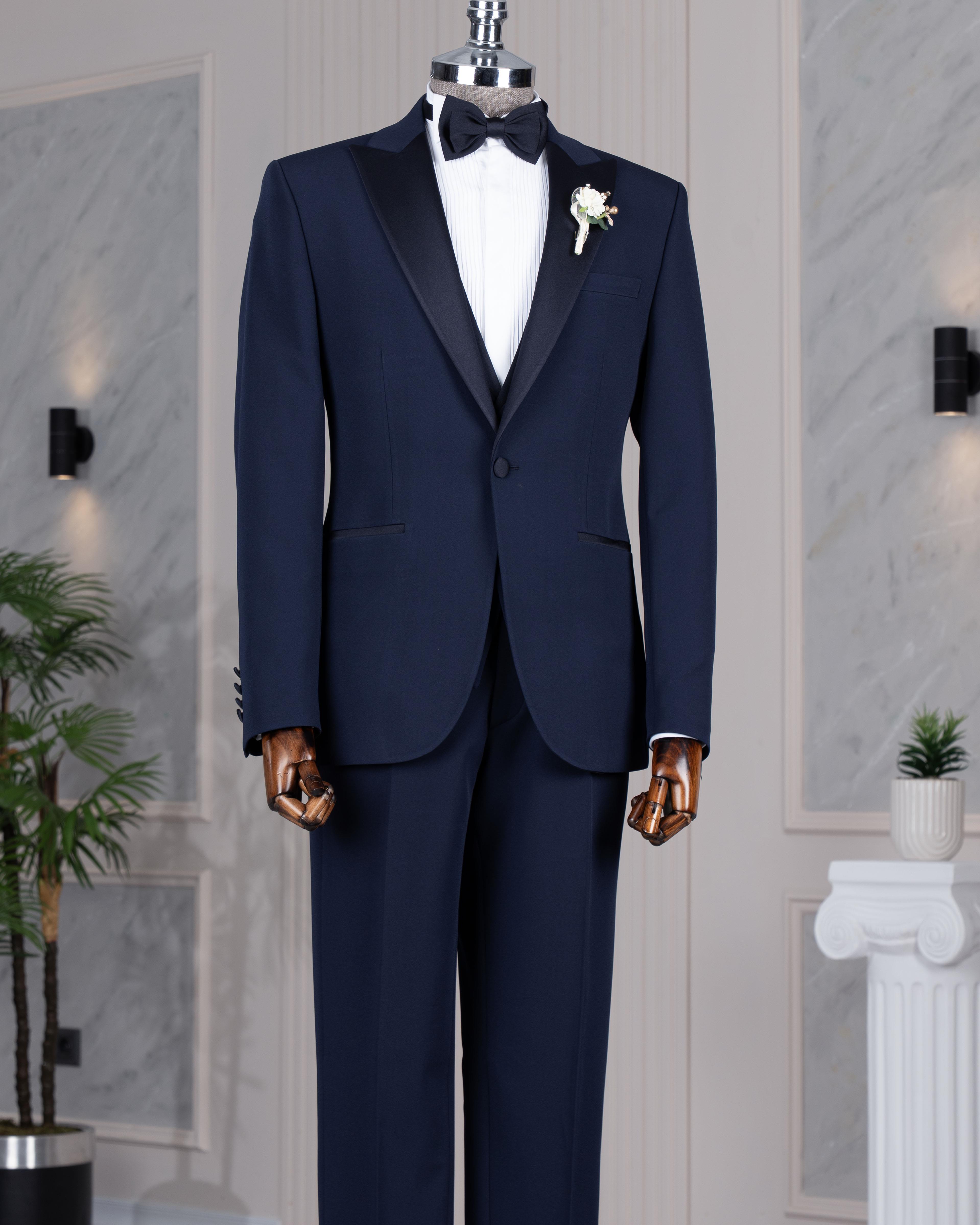 İtalyan stil slim fit ceket yelek pantolon damatlık set lacivert T14460