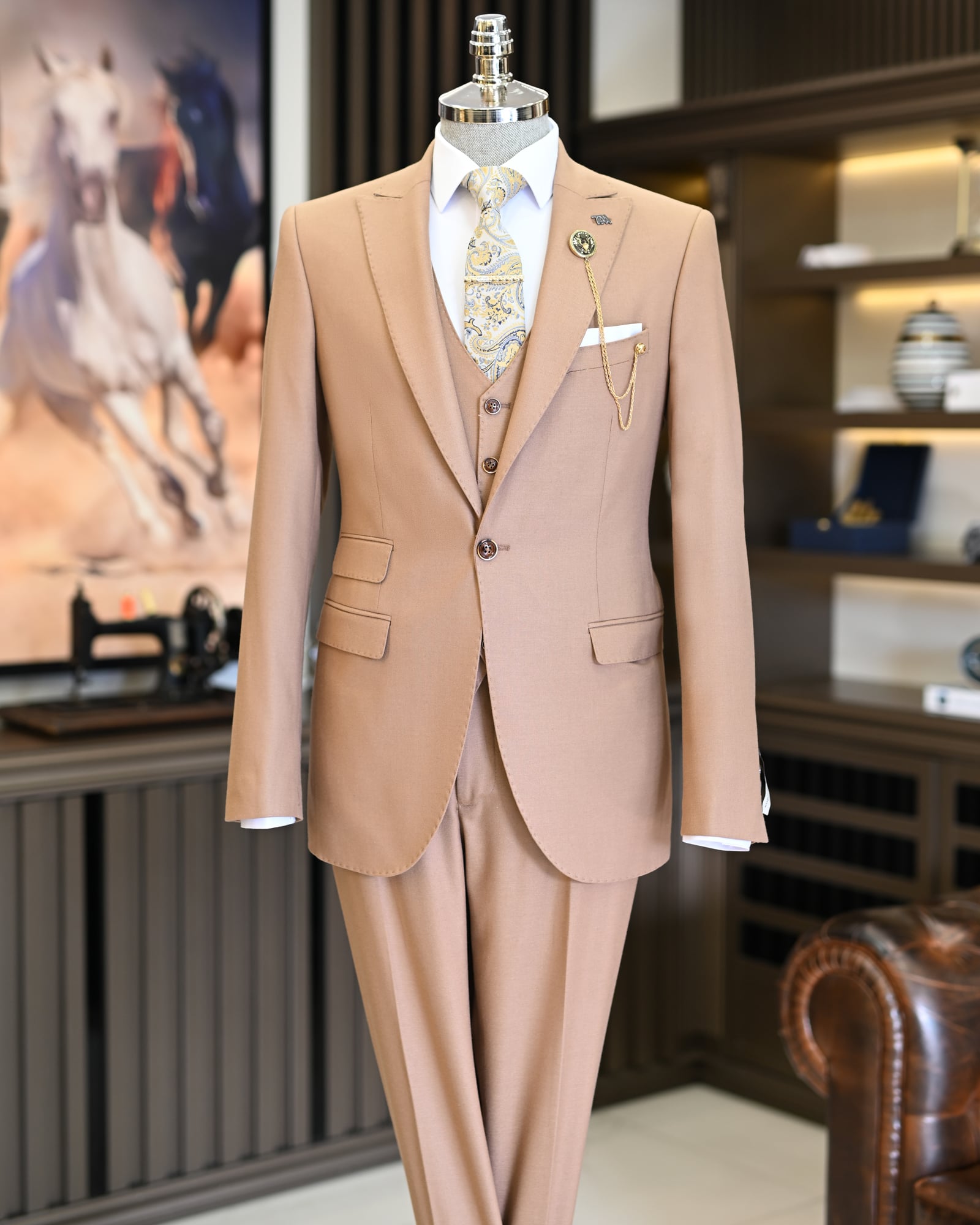 İtalyan stil slim fit ceket yelek pantolon takım elbise camel T11606