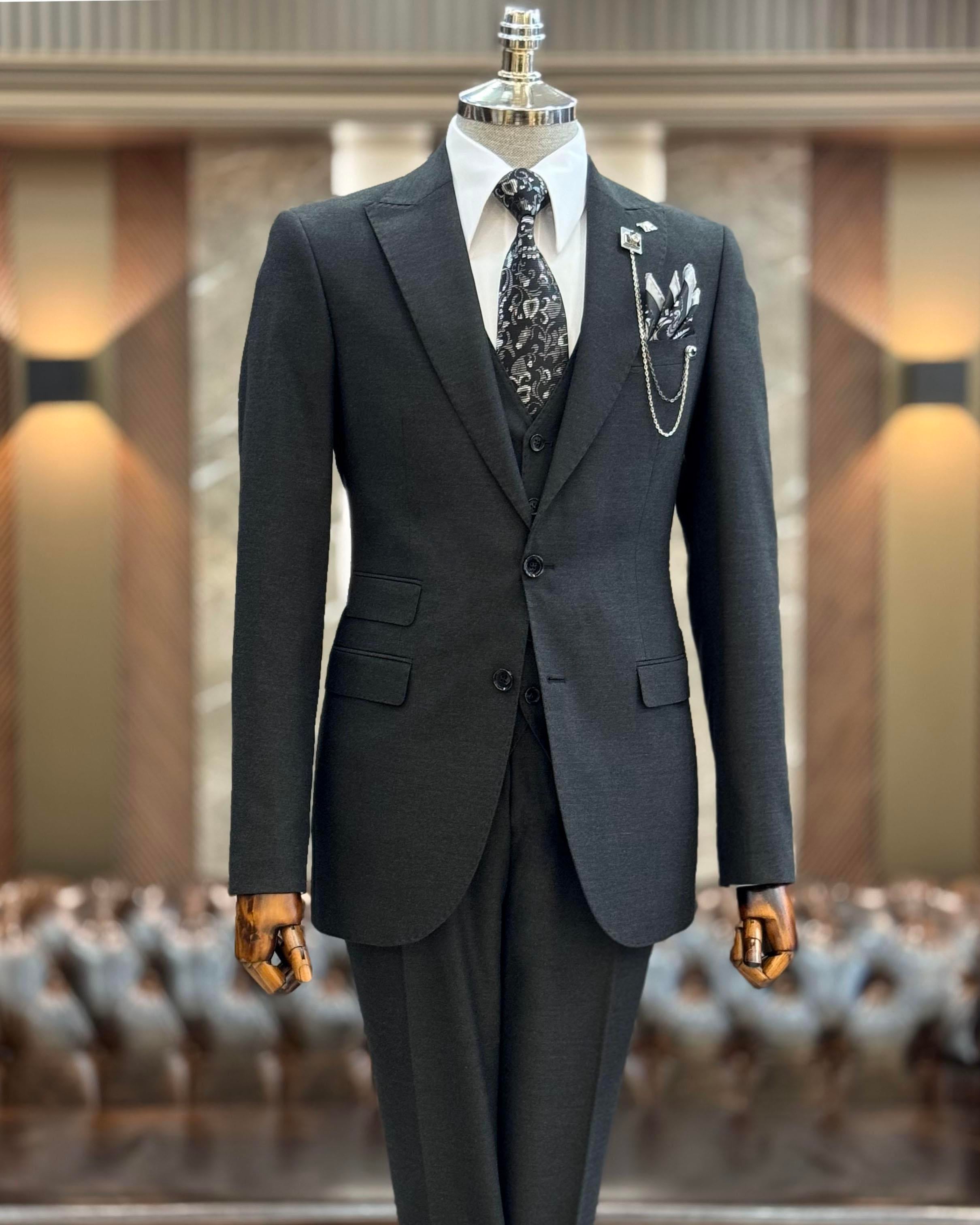 İtalyan stil slim fit ceket yelek pantolon takım elbise antrasit T11395
